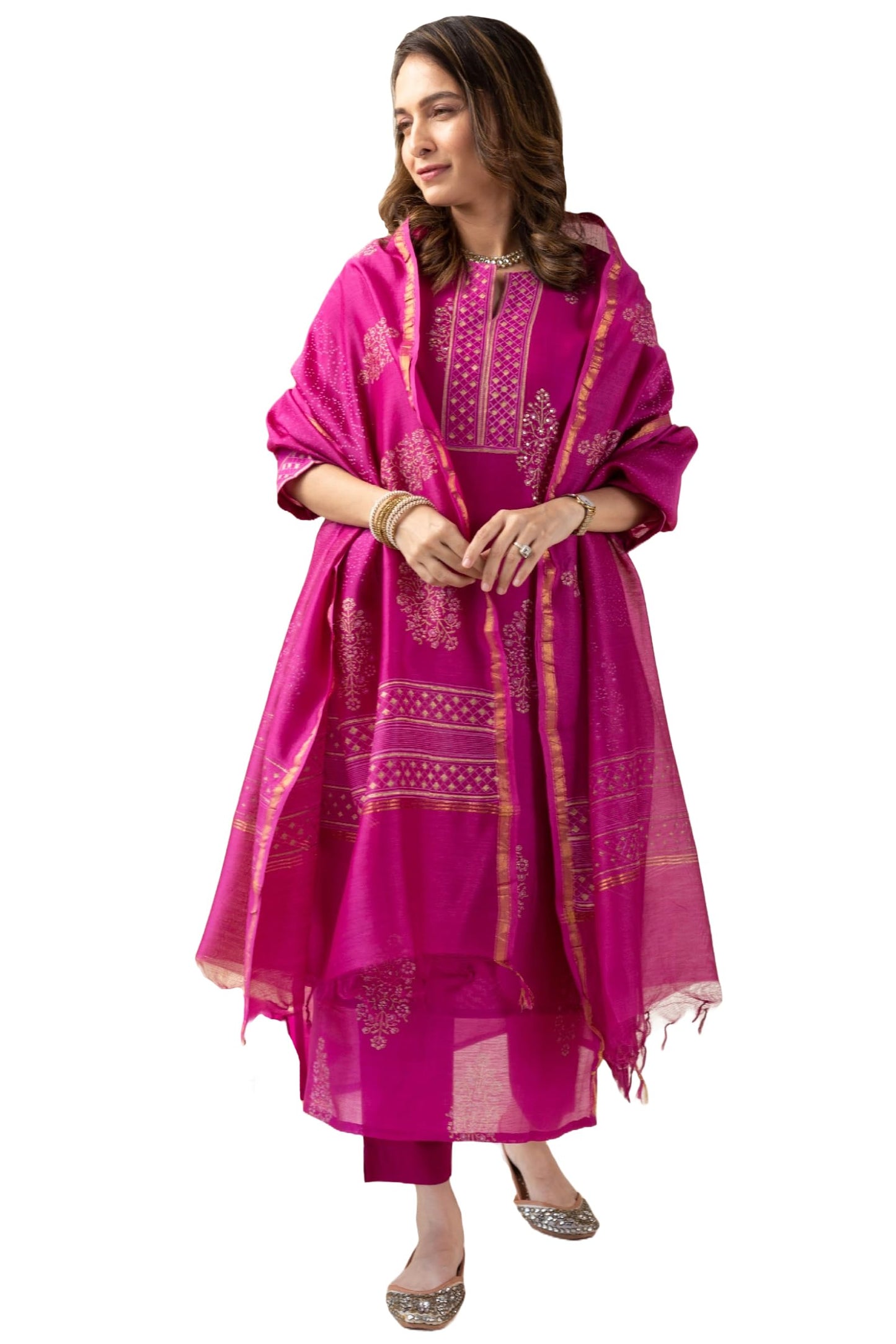 ANNI DESIGNER Women s Rayon Blend Printed Straight Kurta with Pants and Dupatta, Pink, Small