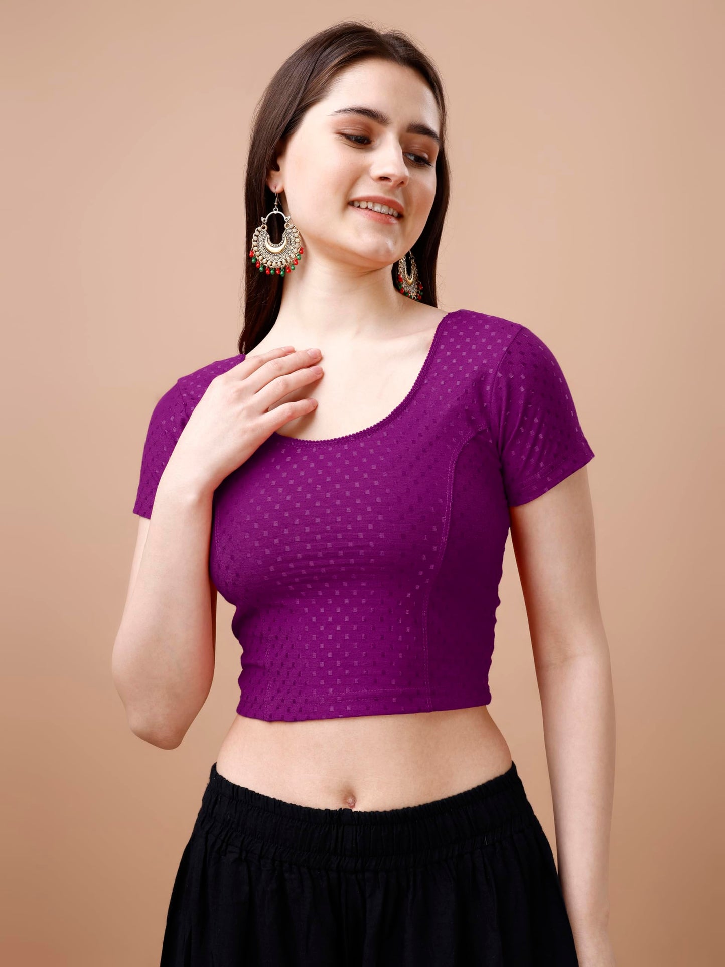 Pujia Mills Womens Readymade Dobby Cotton Lycra Stretchable Round Neck Short Sleeve Blouse Fancy Wine Color Lycra Stretchable B