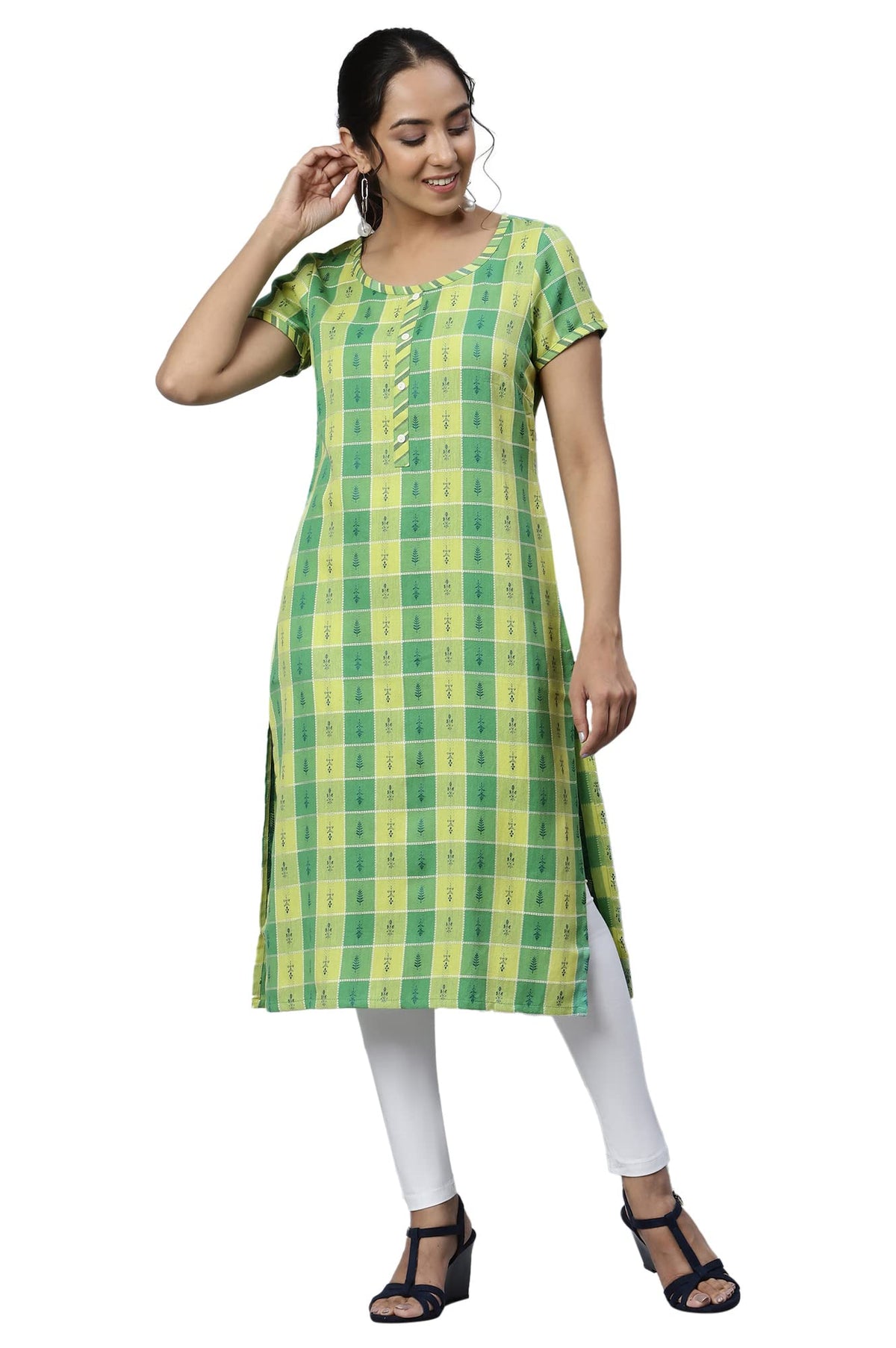 Aurelia Green Geometric Printed Printed Cotton-Rayon Blend Regular Kurta For Women