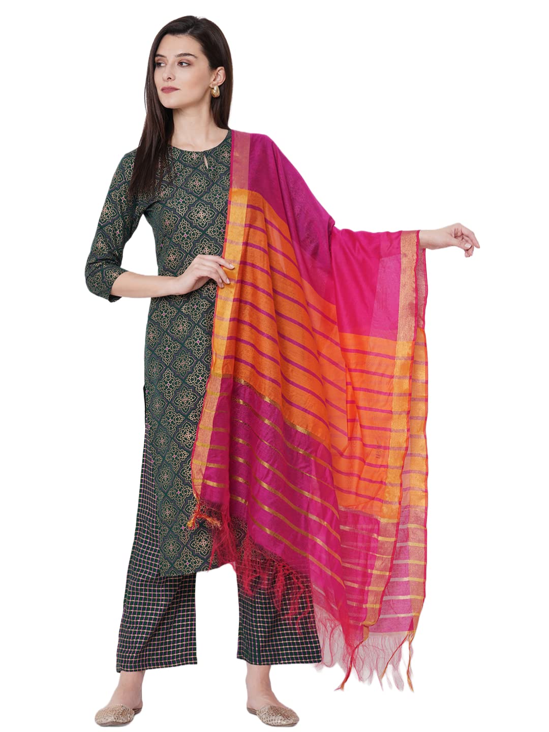 GoSriKi Womens Cotton Blend Straight Printed Kurta and Palazzos & Dupatta (Client Nw-GO)
