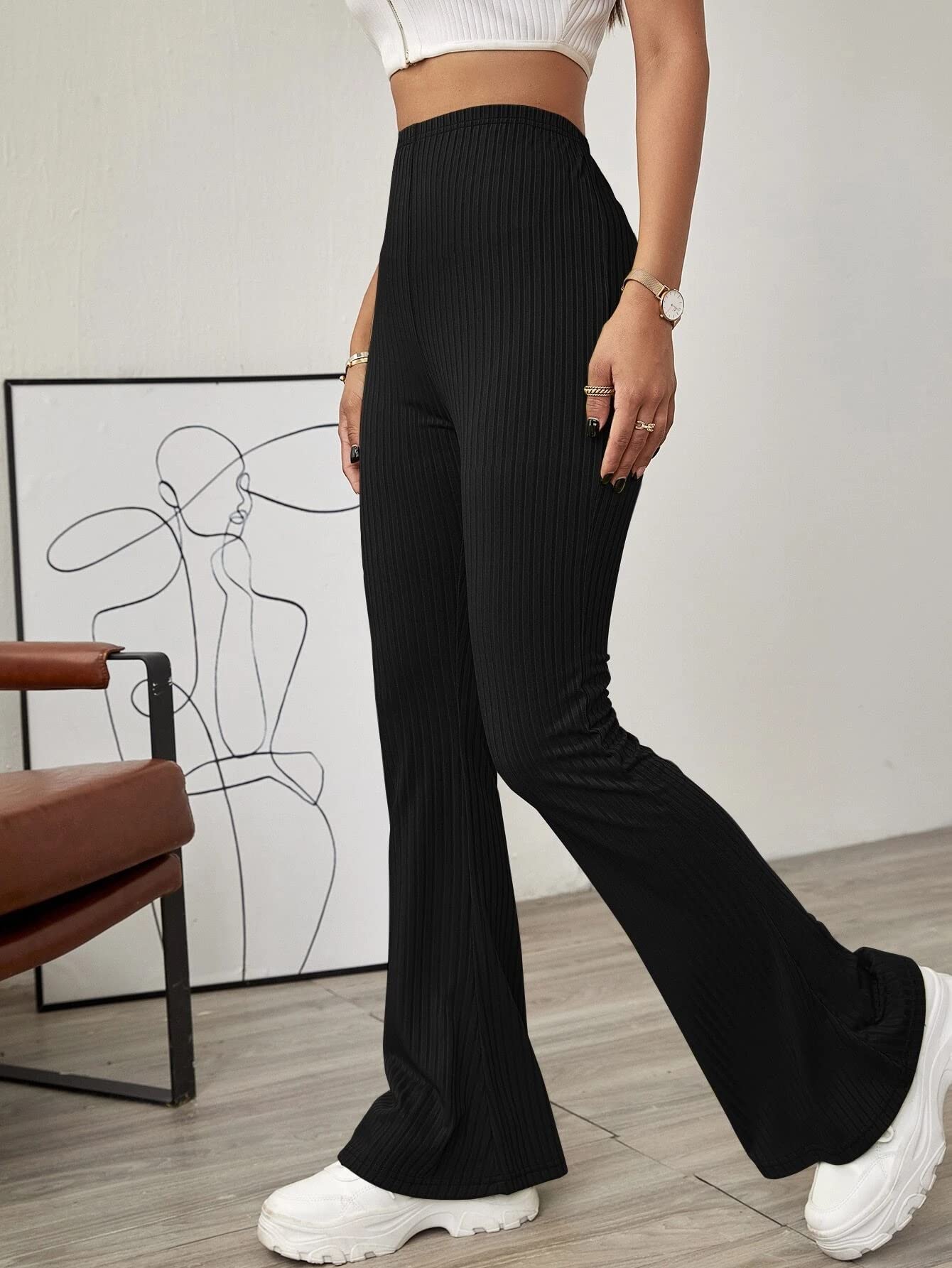 Shasmi Black Womens Yoga Dress Pants Stretchy Work Slacks Business Casual Office Flare Bell-Bottom/Boot-Cut Elastic Waist Regul
