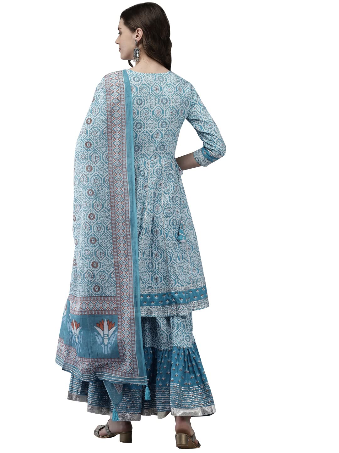 ishin Women's Pure Cotton Blue Embroidered Anarkali Kurta suit set With Dupatta & Sharara