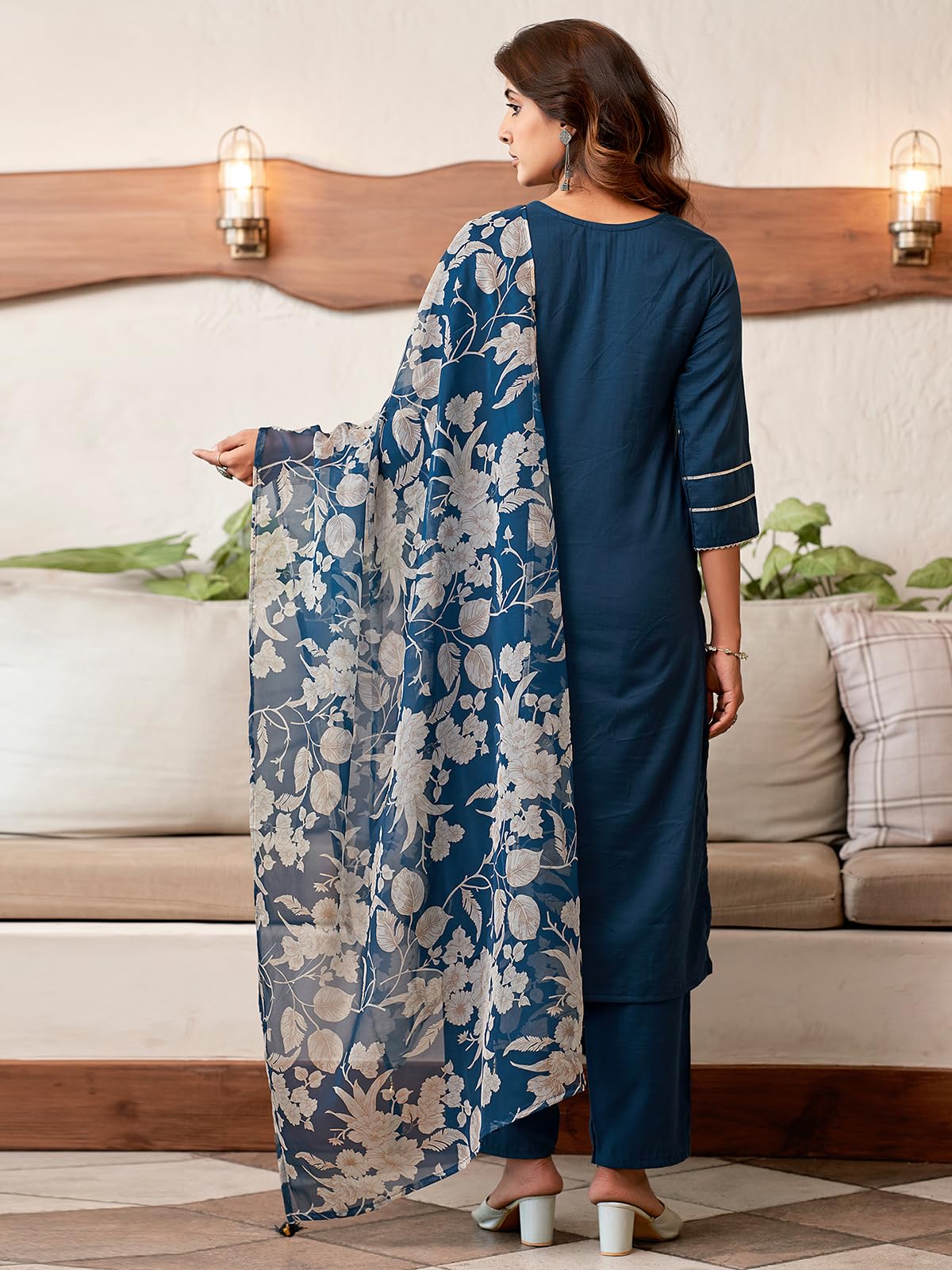 Sanisa Women's Cotton Blend Sequence Embroidery Straight Kurta with Pant and Dupatta Set