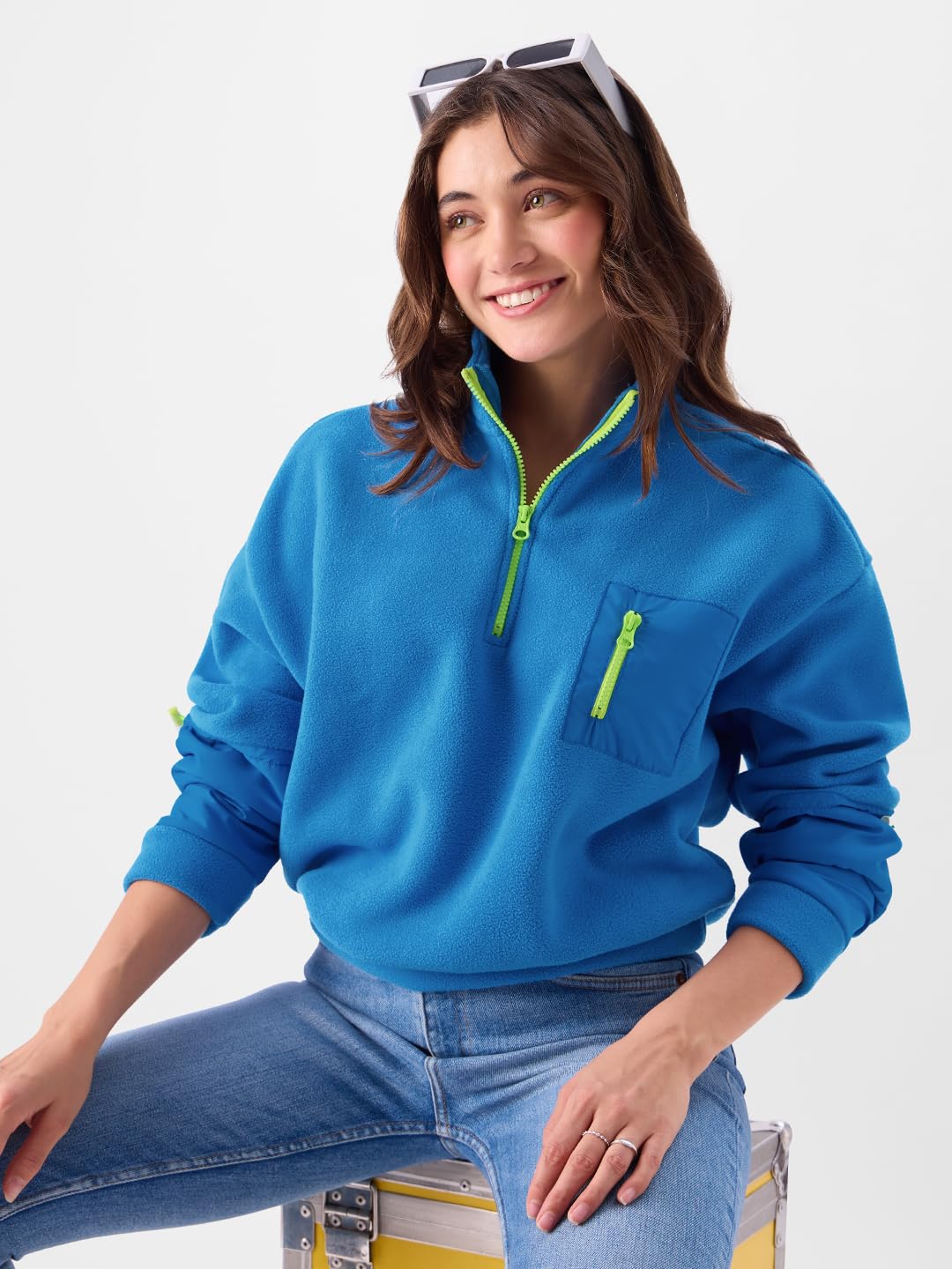 The Souled Store Official Cobalt Teddy Sweatshirt Women Oversized Sweatshirts Sweatshirts Hoodies Pullovers Crewneck Hooded Zip-