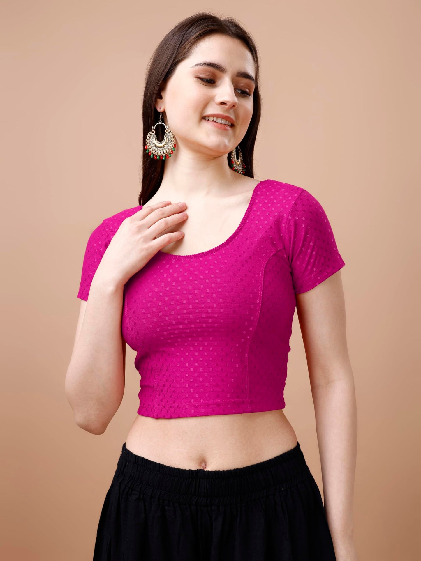 Pujia Mills WomenS Readymade Dobby Cotton Lycra Stretchable Round Neck Short Sleeve Blouse Fancy Pink Color Lycra Stretchable B