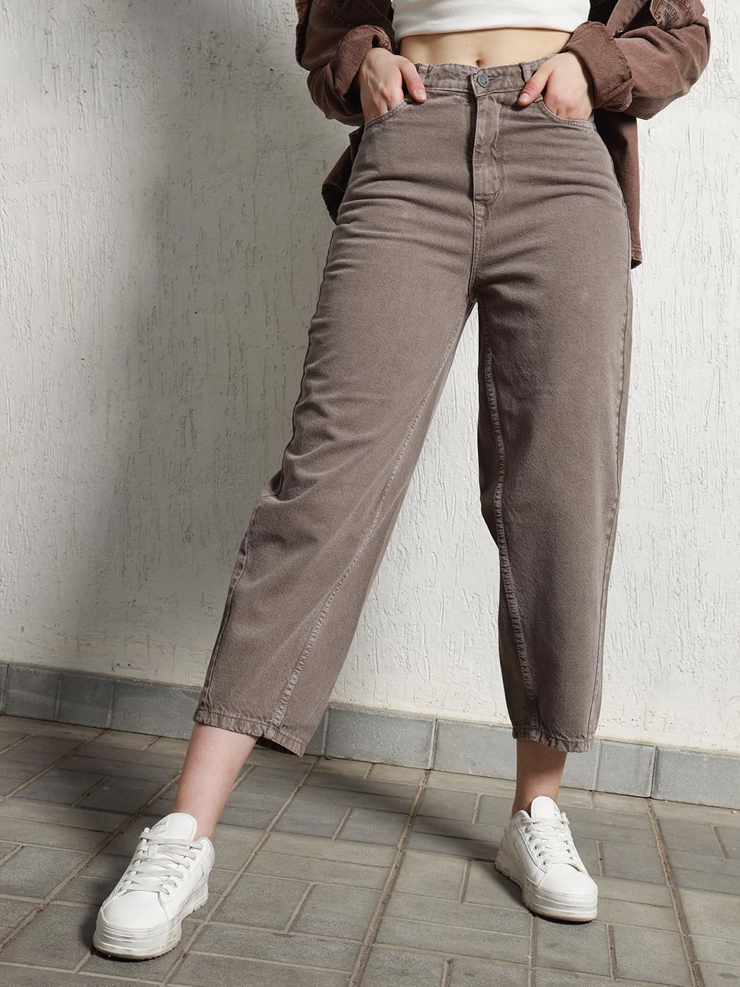 Hubberholme Women Summer Cotton Slim Fit High-Rise Smart Casual Jeans 136 Beige