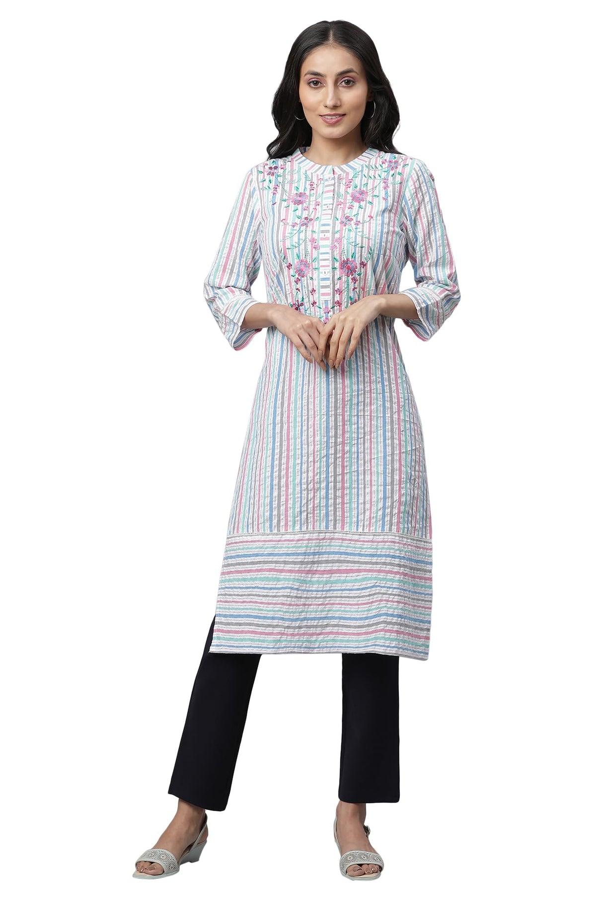 Aurelia Multi Striped Thread Embroidered Cotton Regular Kurta For Women