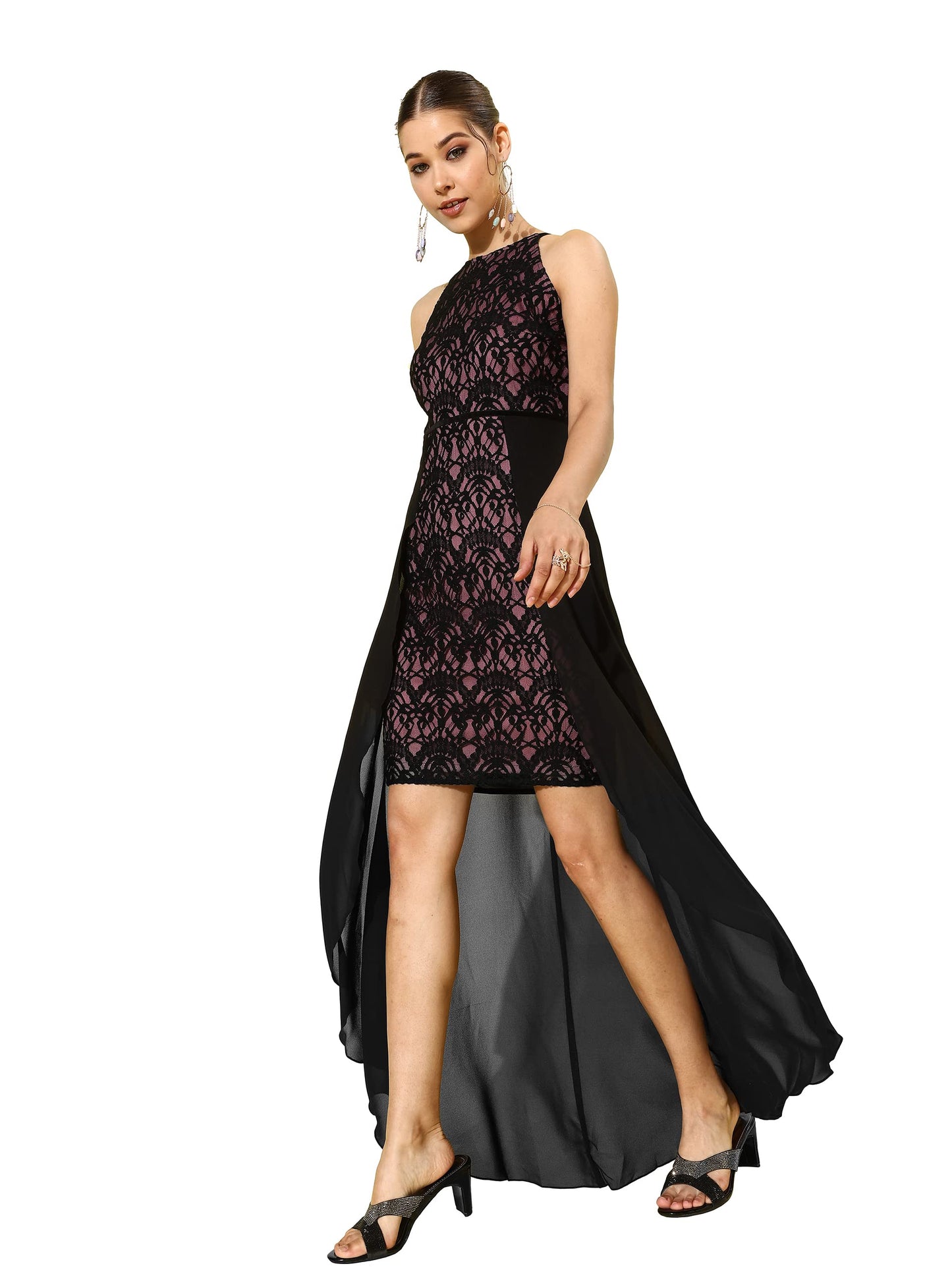 Miss Chase Womens Black & Dusty Lavender Round Neck Sleeveless Lace-Overlaid Knee-Long Dress(MCSS22D13-66-262-06, Black & Dusty