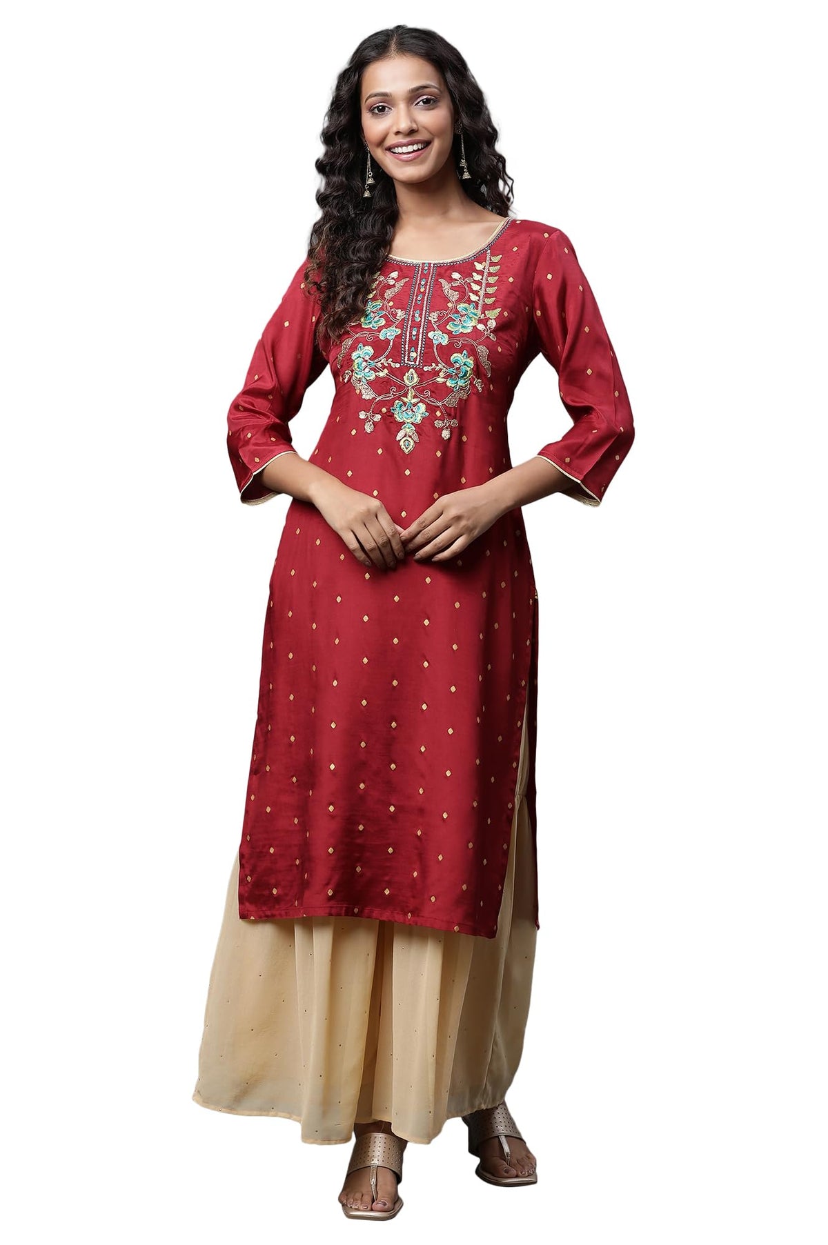 Aurelia Red Embroidered Straight Long Kurta