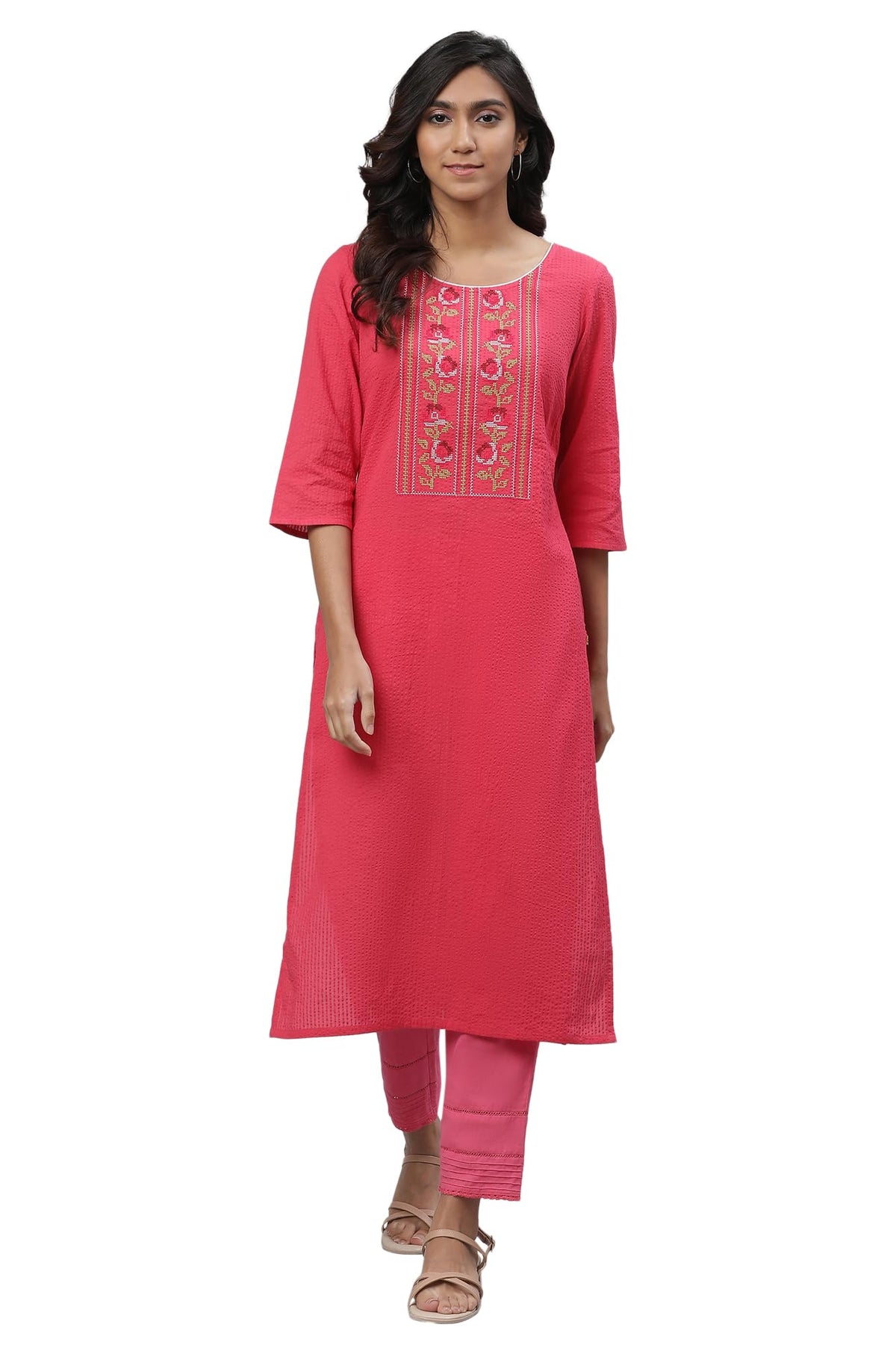 Aurelia Pink Floral Printed Printed Cotton Rayon Straight Long Kurta