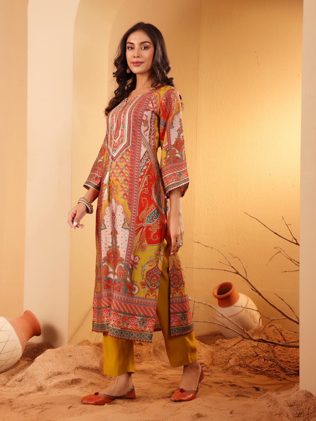 Varanga Women Olive Ethnic Floral Printed Gota Embellished Flared Sleeve Kurta With Solid Trouser Stylish Ethnic Set