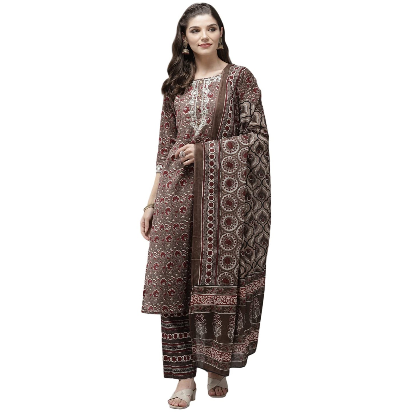 anubhutee Women's Cotton Brown Ethnic Motifs Printed Straight Kurta Suit Set With Pants And Dupatta