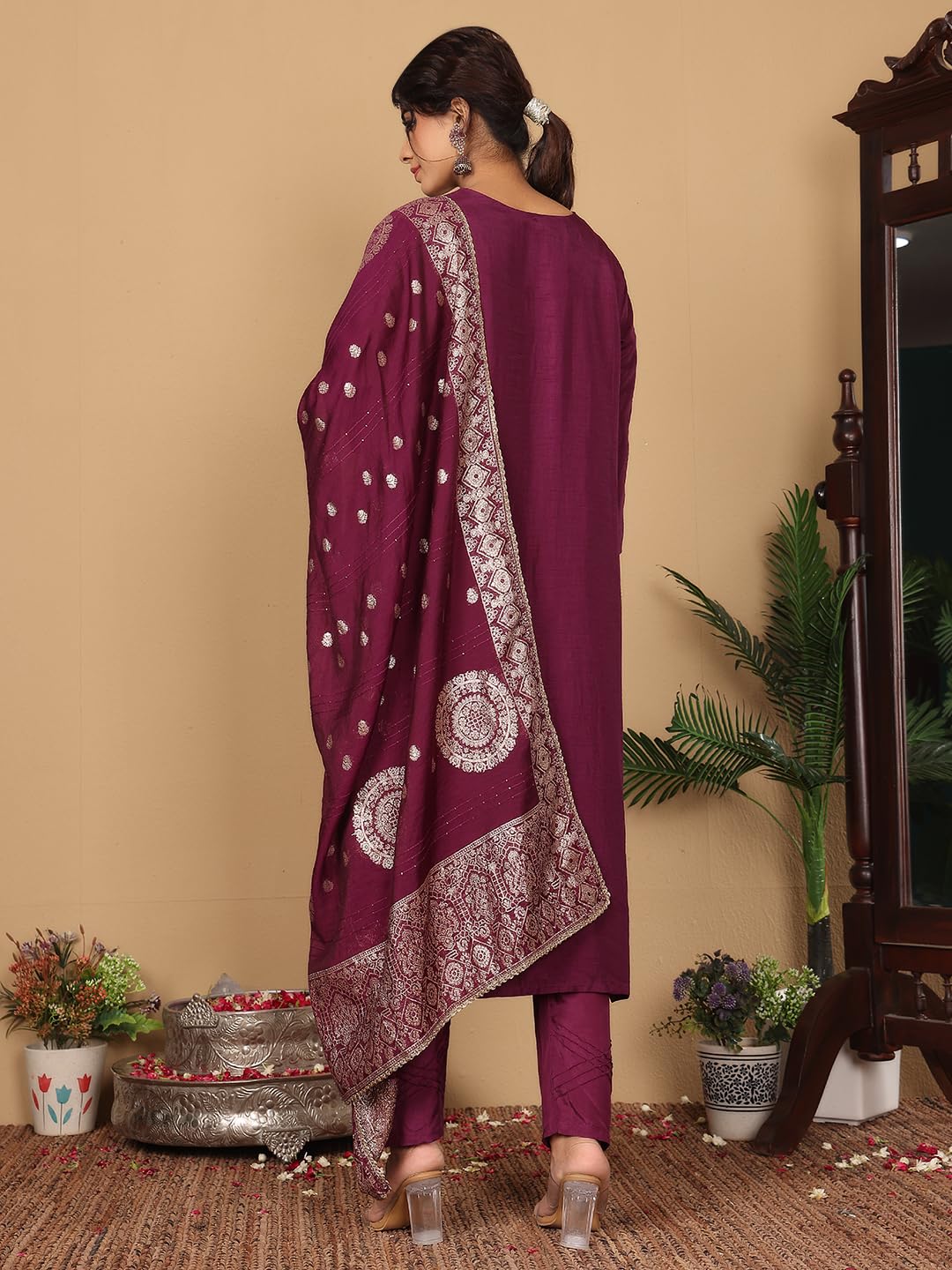 Varanga Women Pure Silk Purple Zari Embroidered Kurta with Bottom and Dupatta