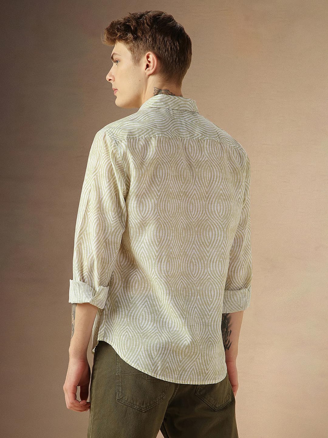Dennis Lingo MenS Beige Cotton Spread Collar Long Sleeves Printed Shirts