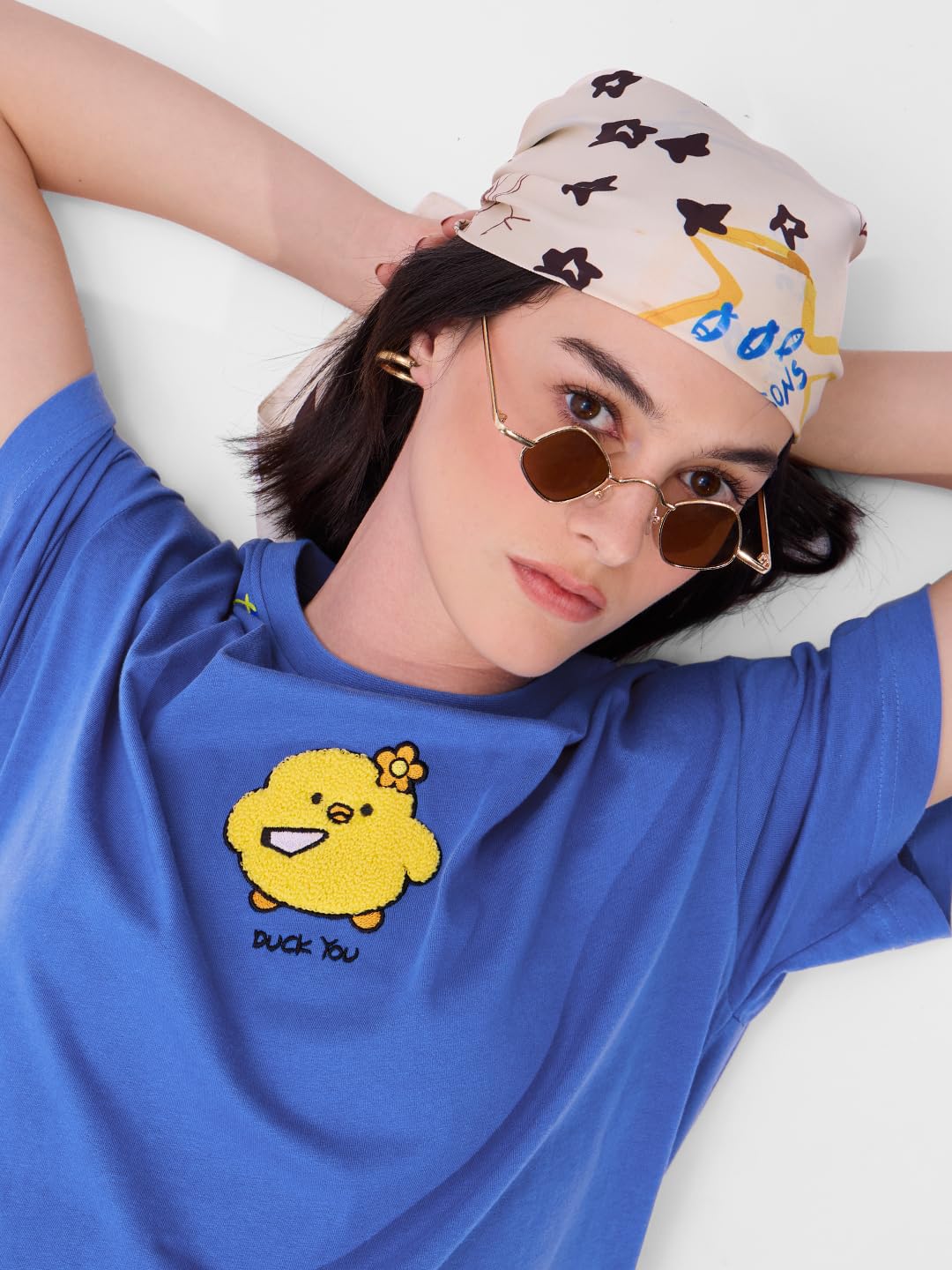 The Souled Store Duck You Women and Girls Short Sleeves Round Neck Blue Towelling Embroidered Cotton Oversized T-Shirts