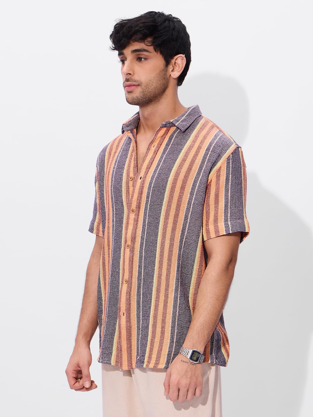 The Souled Store Fiesta Men and Boys Short Sleeves Collared Neck Button Front Multicolor Striped Cotton Textured Shirts