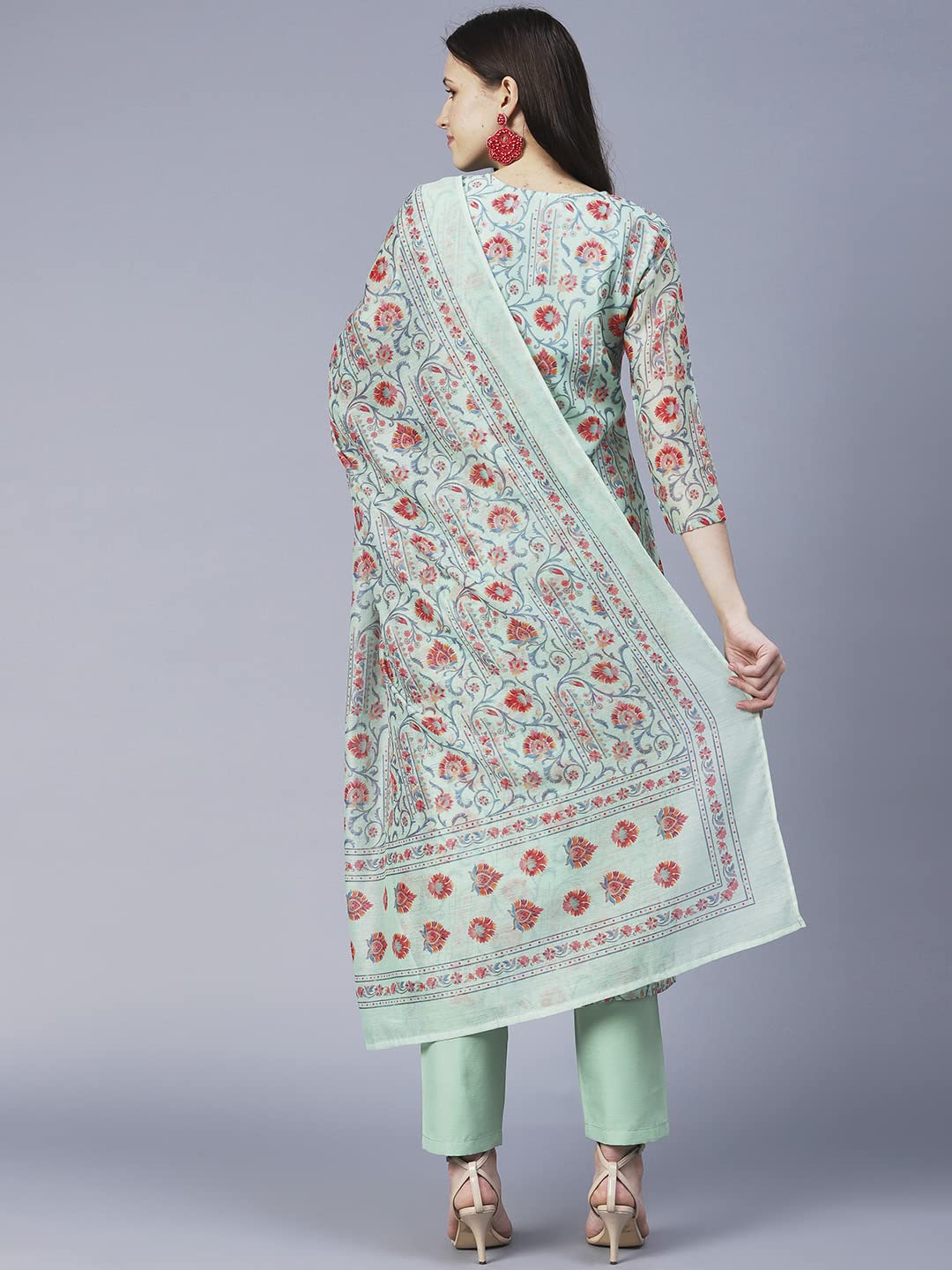 GoSriKi Women's Cotton Blend Printed Straight Kurta with Pant & Dupatta (Totara-GS)
