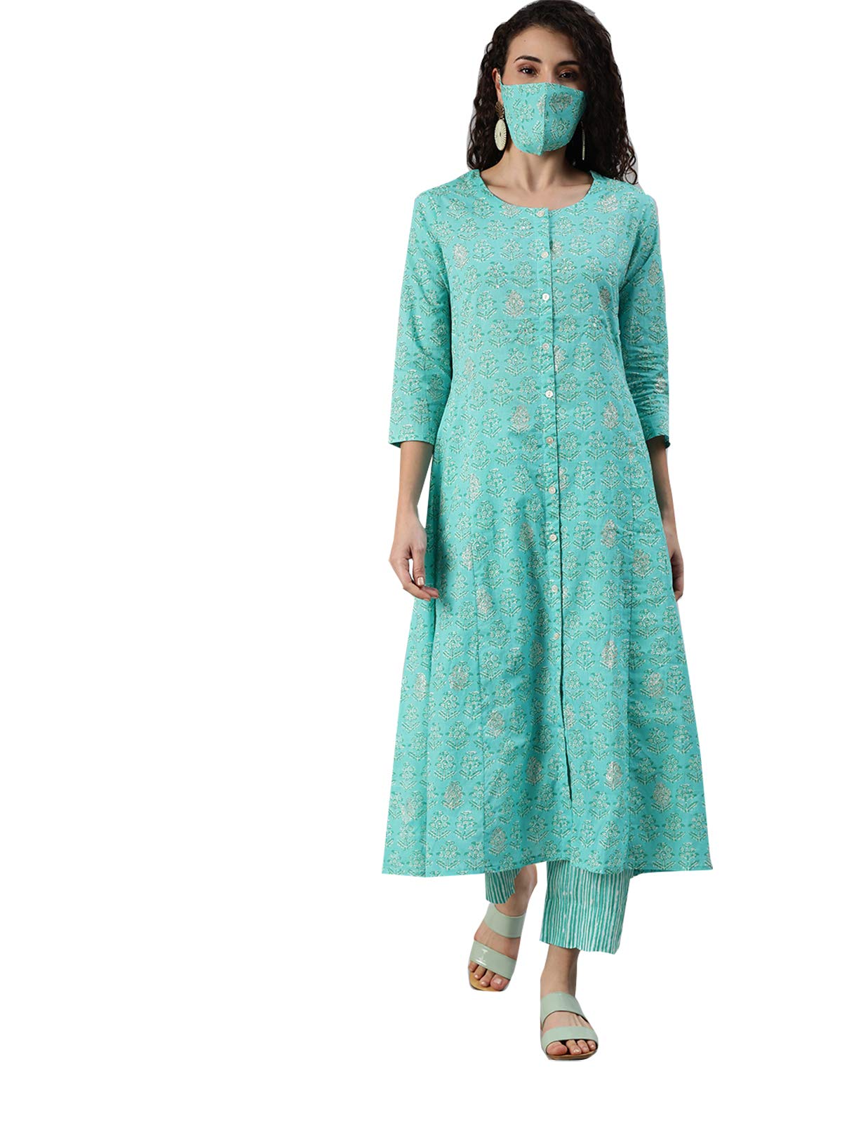 Ishin WomenS Cotton Blue Printed A-Line Kurta Trouser Set
