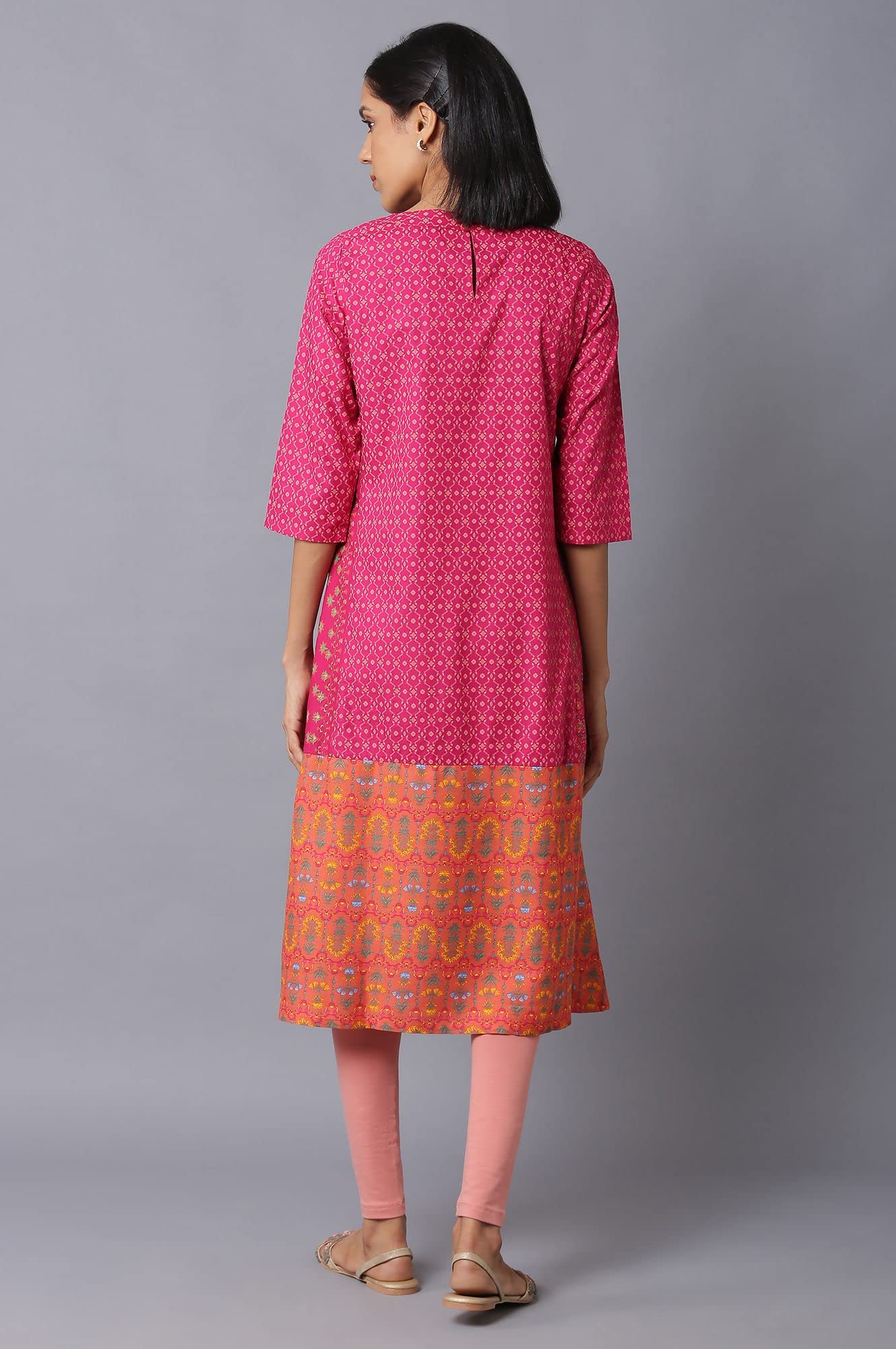 W Dark Pink Floral Printed Embroidered Regular Kurta For Women