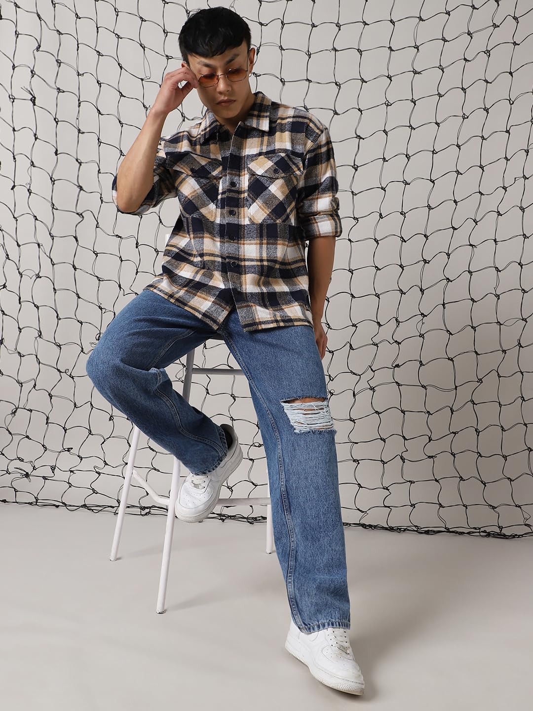 Hubberholme Men Cotton Check Oversized Fit Casual Spread Collar Long Sleeves Shirts