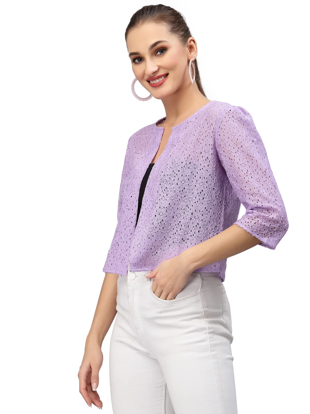 Style Quotient Women Lilac Self Design Floral lace Regular Open Front Shrug