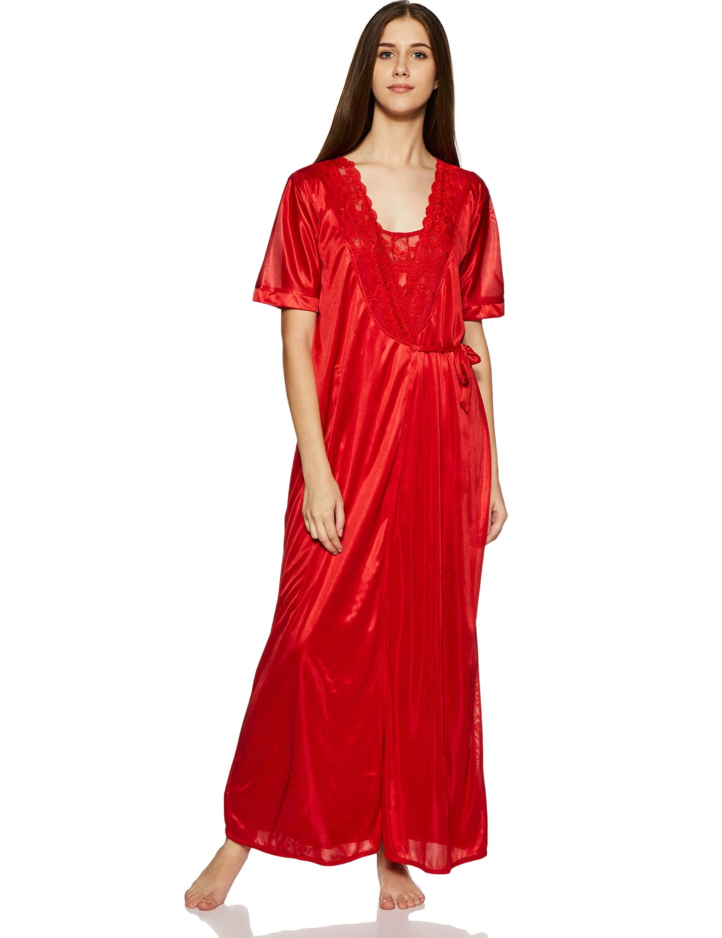 Clovia Womens 4 Pcs Satin Nightwear in Red - Robe, Nightie, Top, Capri (NSM236G04_Red_Free Size)