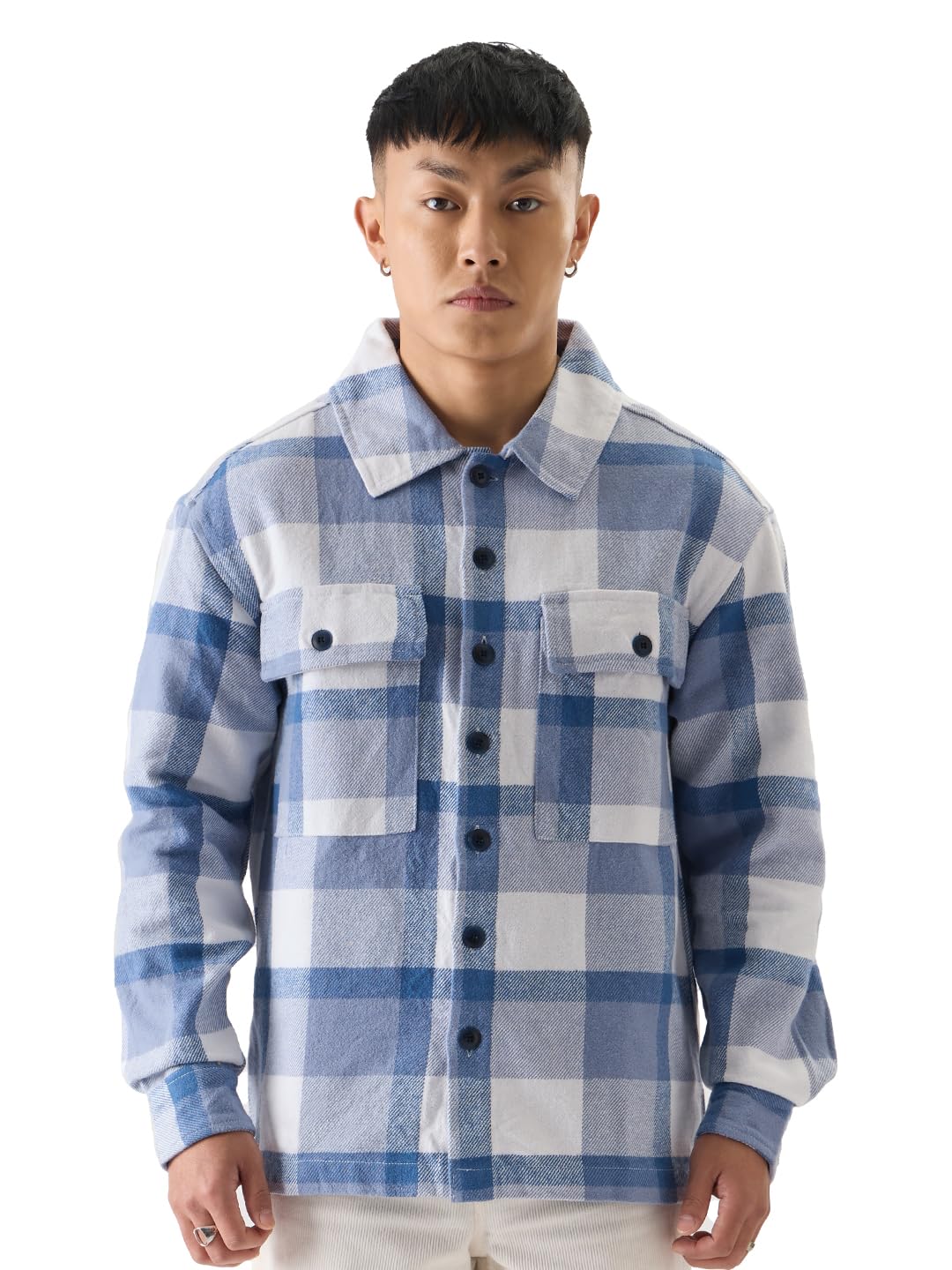 The Souled Store Plaids: Skyline Blue Men Flannel Shackets Shackets Casual Plaid Oversized Quilted Winter Flannel Sherpa-Lined S