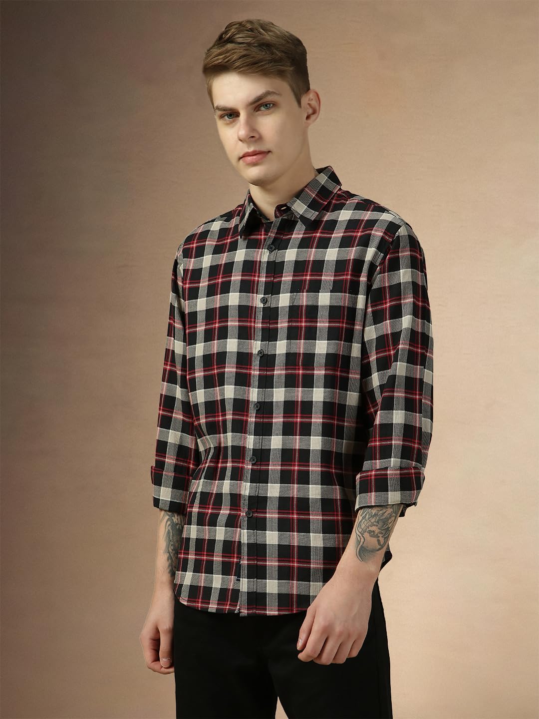 Dennis Lingo Men Checks Full Sleeve Spread Collar Shirts Black