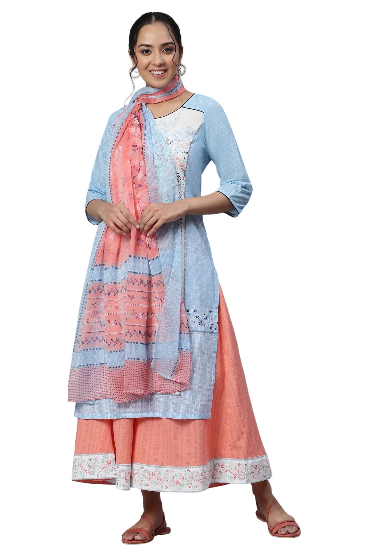 Aurelia Blue Floral Printed Cotton Kurta Dupatta Bottomwear Set For Women