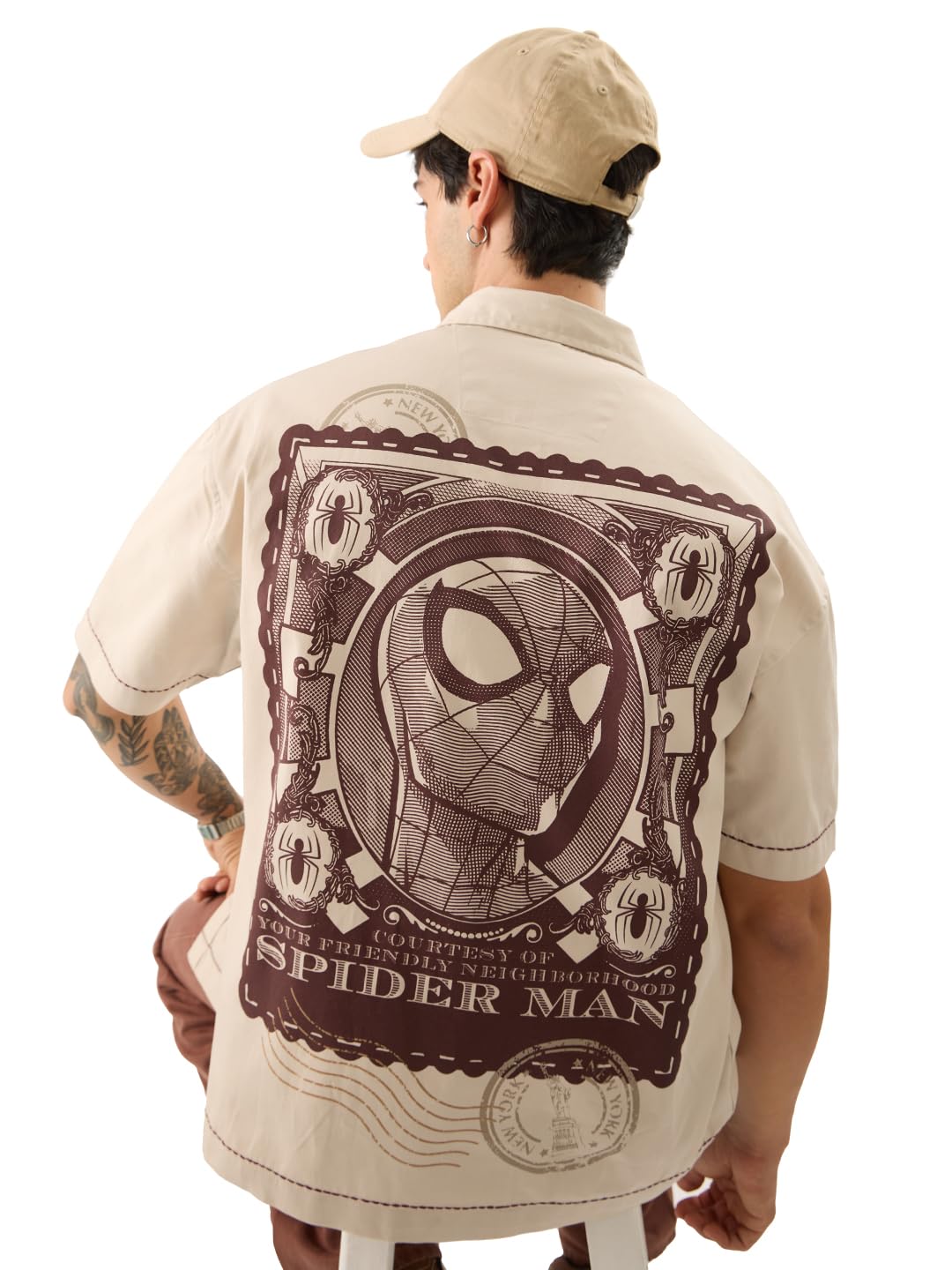 The Souled Store Official Spider-Man: Friendly Neighbourhood Hero Men and Boys Short Sleeve Collared Neck Button Front Beige Gra