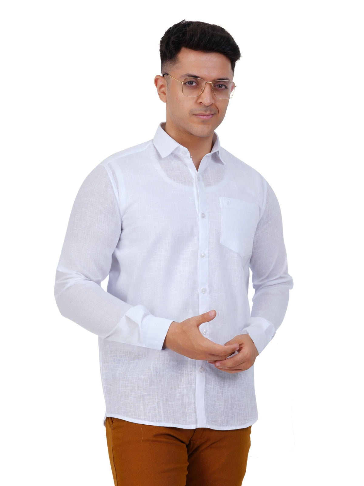 PRAKASAM COTTON Self Design Linen White Full Sleeve Shirt for Mens/Regular Fit Formal Cotton Linen Shirt for Mens