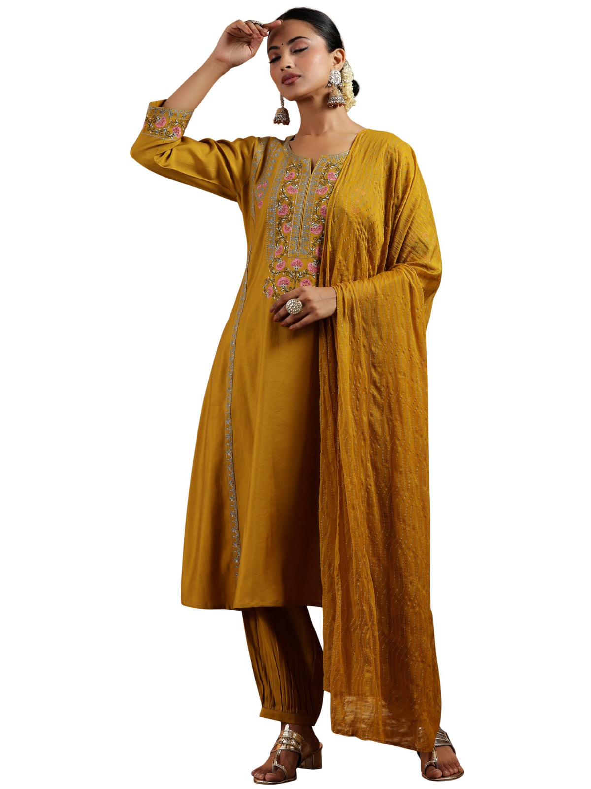 Libas Womens Embroidered Silk Blend A-Line Kurta With Salwar And Dupatta