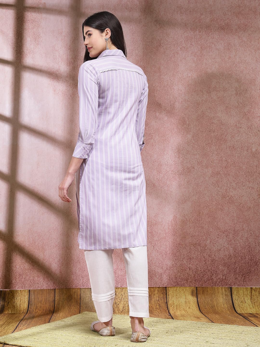 Stylum Women's Woven Striped Cotton Blend Straight Kurta (CLASSYLAVENDER_Lavender)