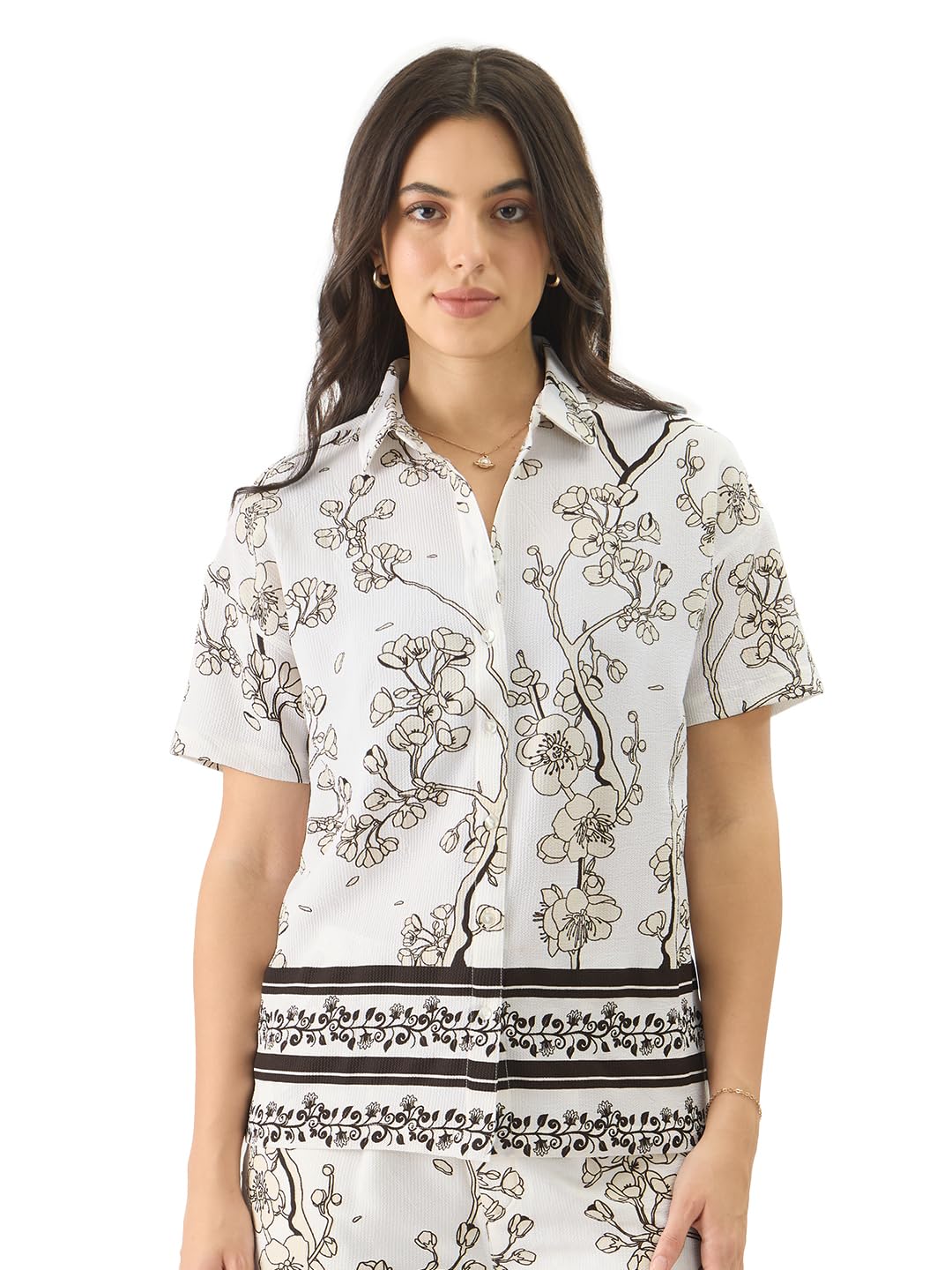 The Souled Store Gardenia Women and Girls Short Sleeve Collared Neck White All Over Print Button Down Oversized Shirts