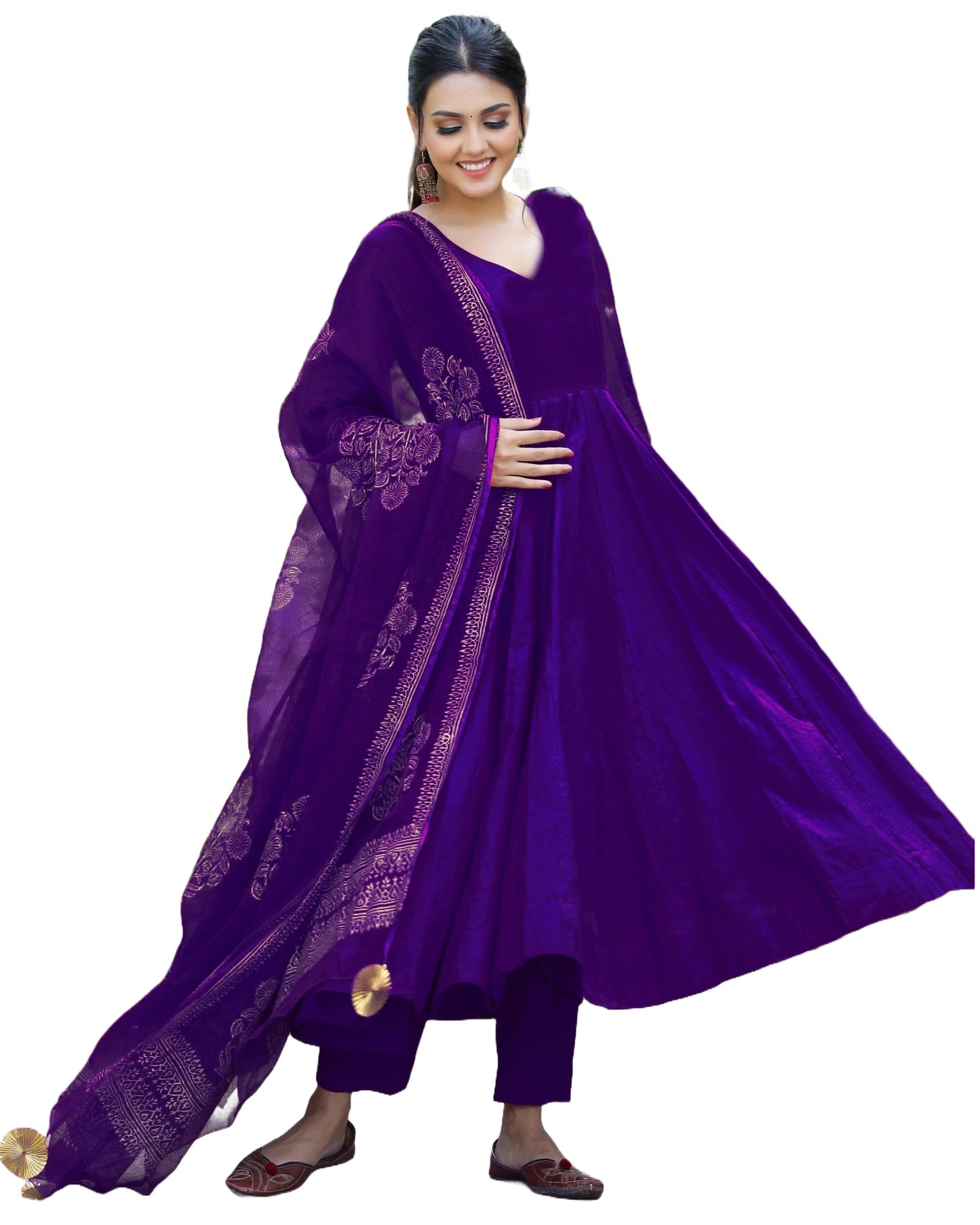 Gosriki WomenS Cotton Blend Solid Anarkali Kurta With Pant & Dupatta (Magic-Violet-Gs_Xxl_Violet_Xx-Large)