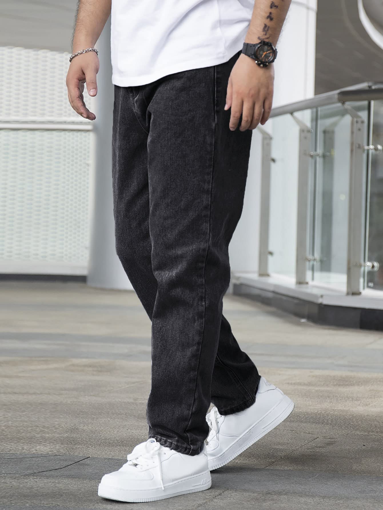 AVANOVA Mens Black Slant Pocket Wide Leg Jeans Casual Loose Fit Denim Pants, Cotton Blend Trousers with Slant Pockets for Daily