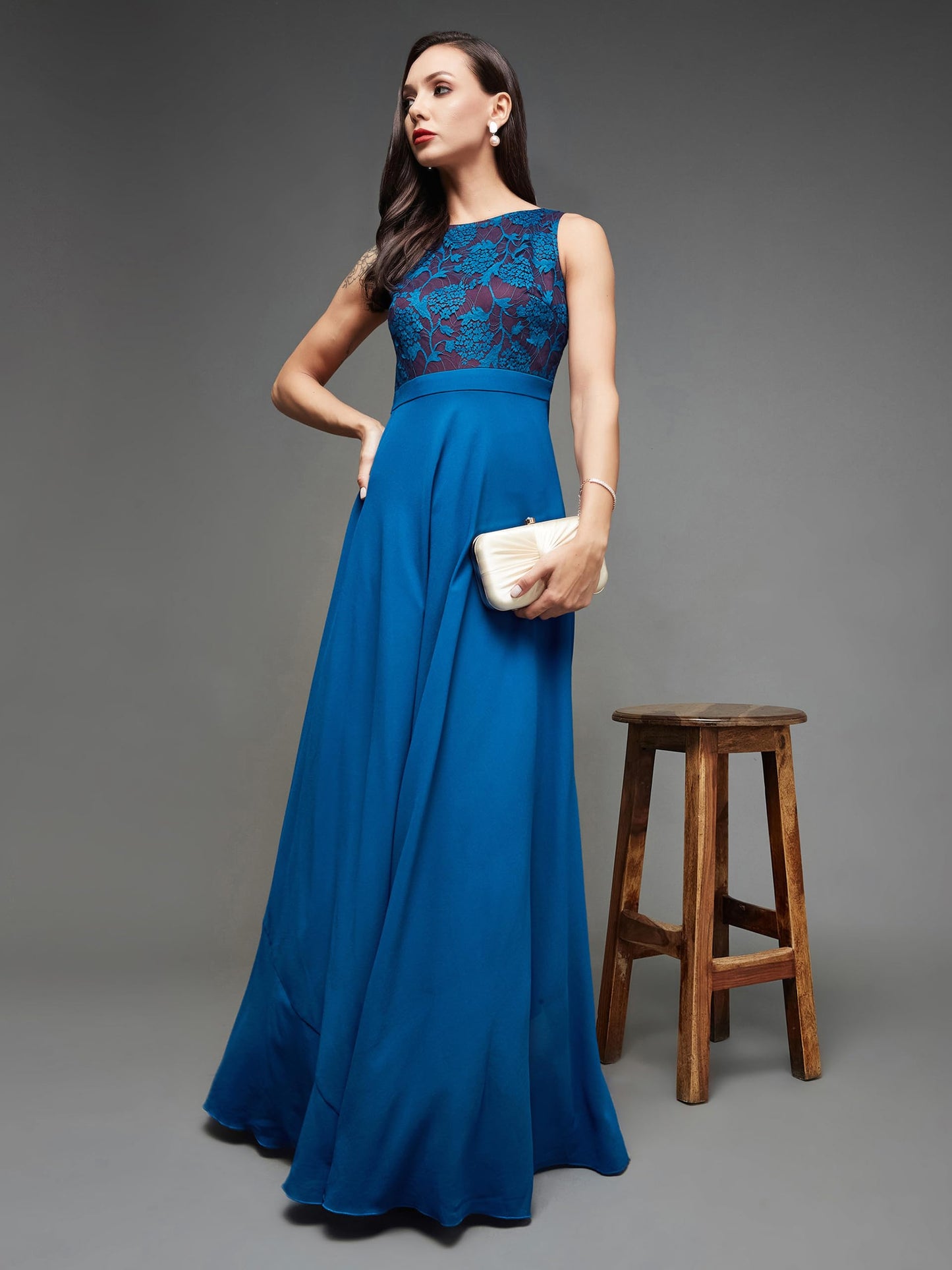 Miss Chase WomenS Round Neck Sleeveless Georgette Floral Lace Fit & Flare Maxi Dress Royal Blue