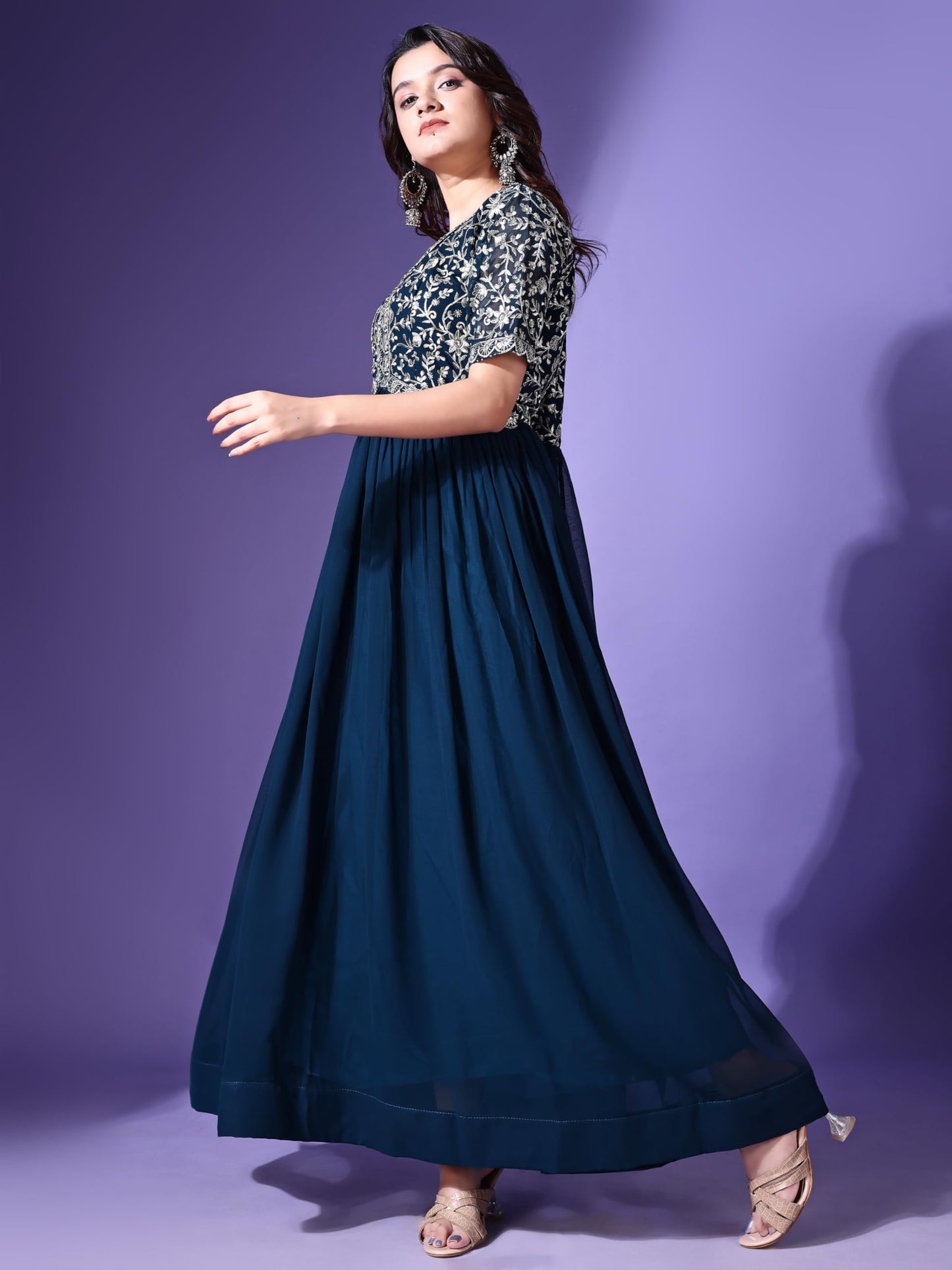 Wedani Georgette Embroidered Long Gown for Women Turquoise
