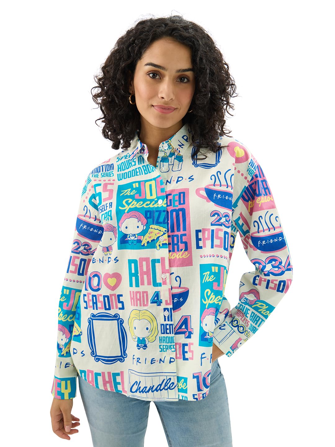 The Souled Store Official Friends: Doodle 100% Cotton Women & Girls Long Sleeve Spread Collared Neck Button Front Multicolor All