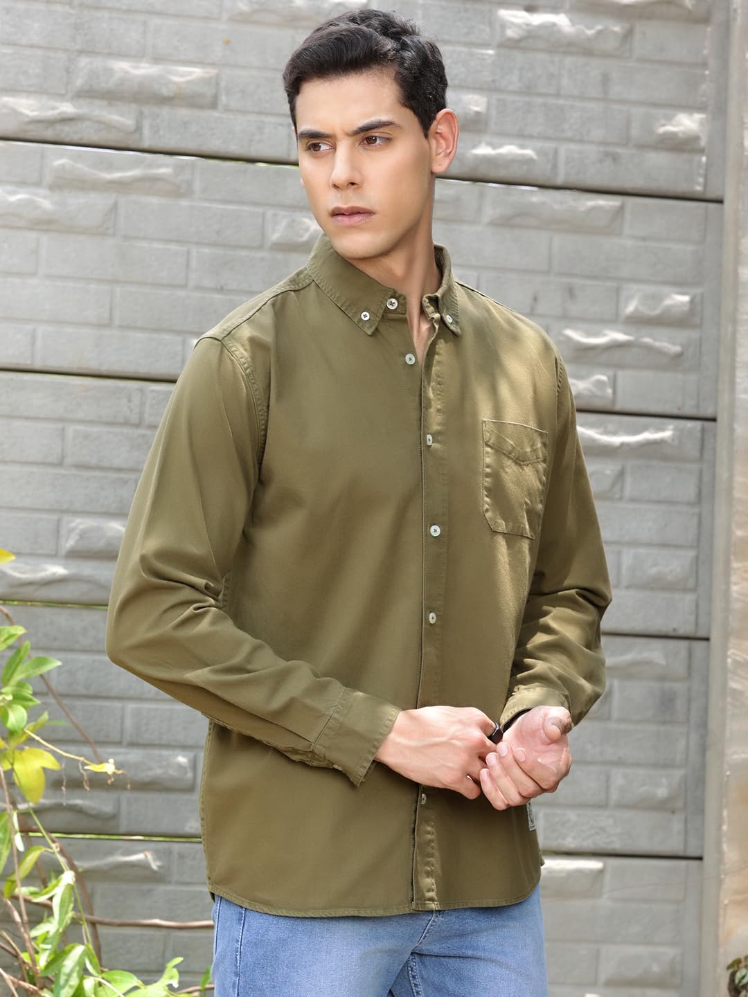 Thomas Scott Mens | Full Sleeve | Solid | Slim Fit | 100% Cotton | Spread Collar | Casual Shirts (Available in Plus Size) (Olive