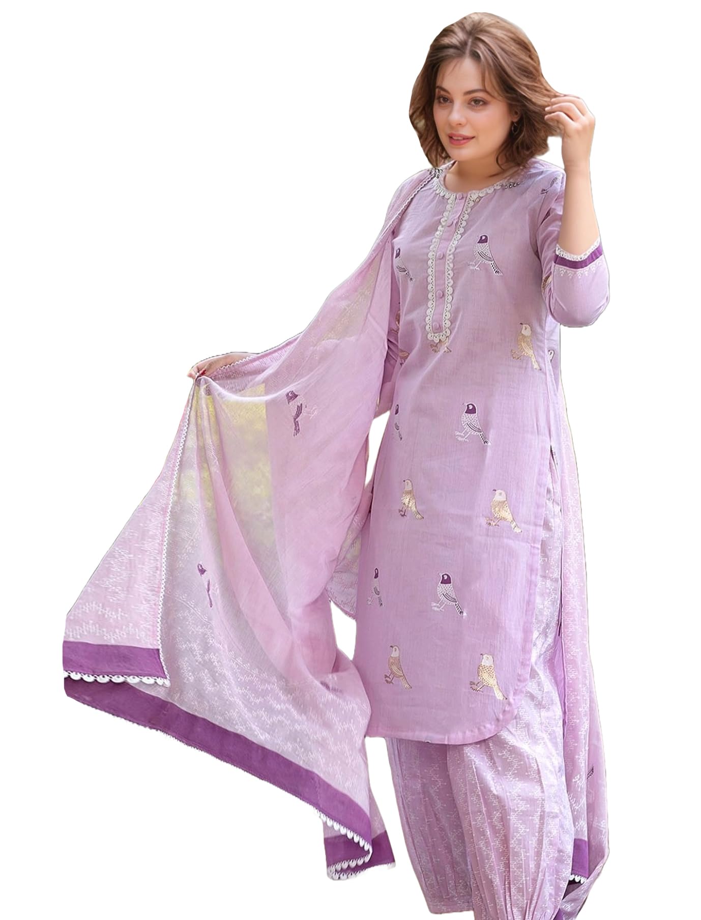 ANNI DESIGNER Ladies Hand Printed Straight Blended Rayon Kurta with Pants and Dupatta, purple, XL