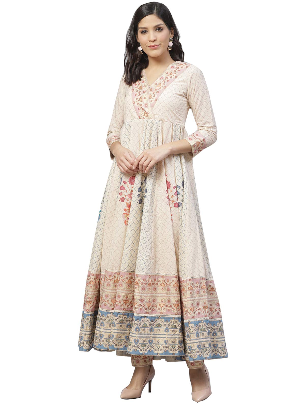 ishin Womens Cotton Anarkali Beige Foil Printed Kurti
