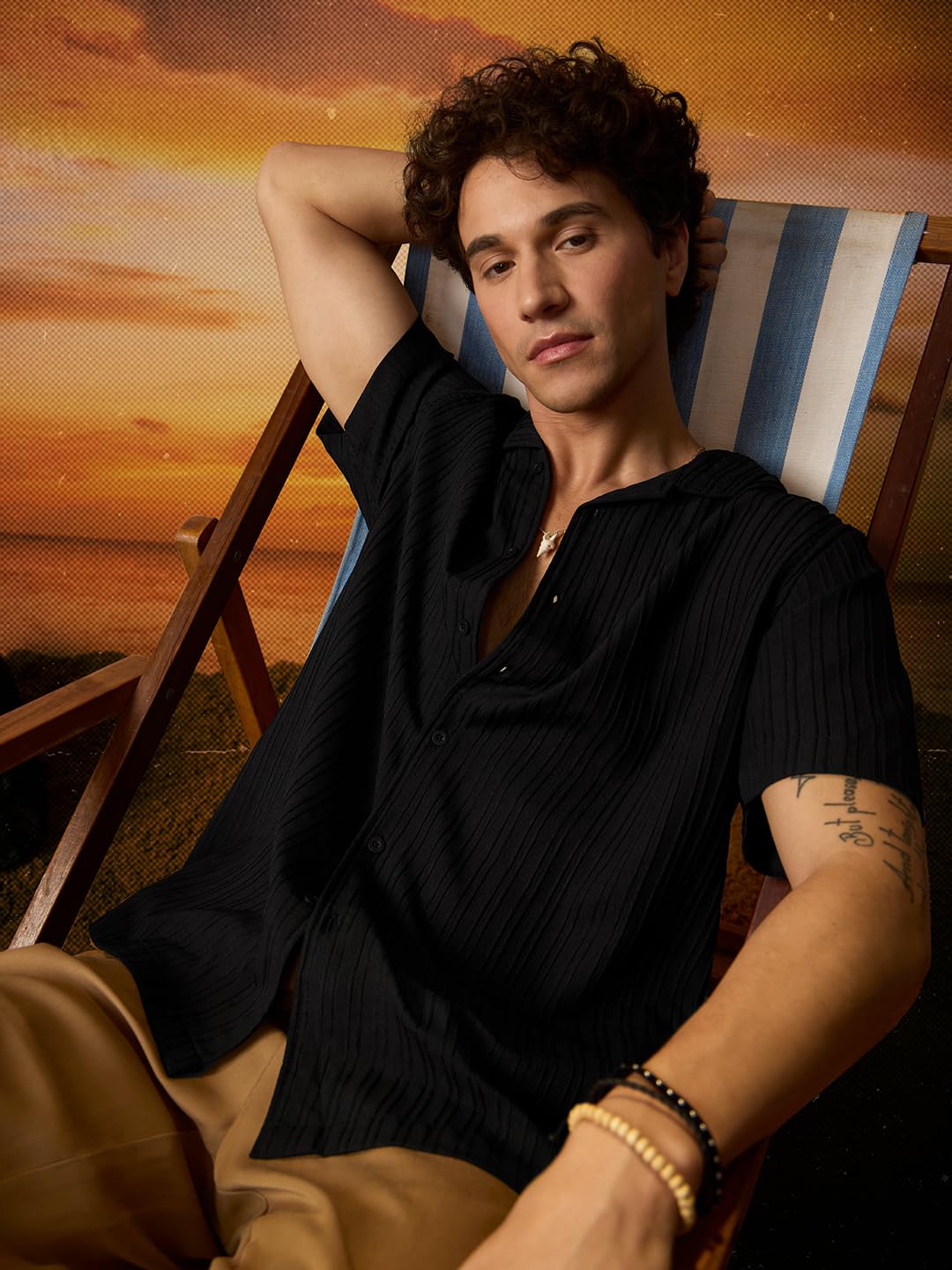 The Souled Store Solids: Black Men and Boys Short Sleeves Collared Neck Button Front Regular Fit Polyester Textured Shirts