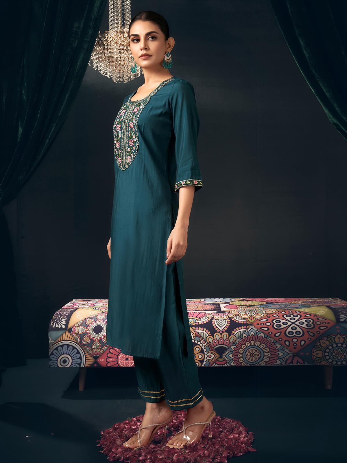 Sanisa Women's Silk Blend Embroidery Straight Kurta with Pant and Dupatta Set