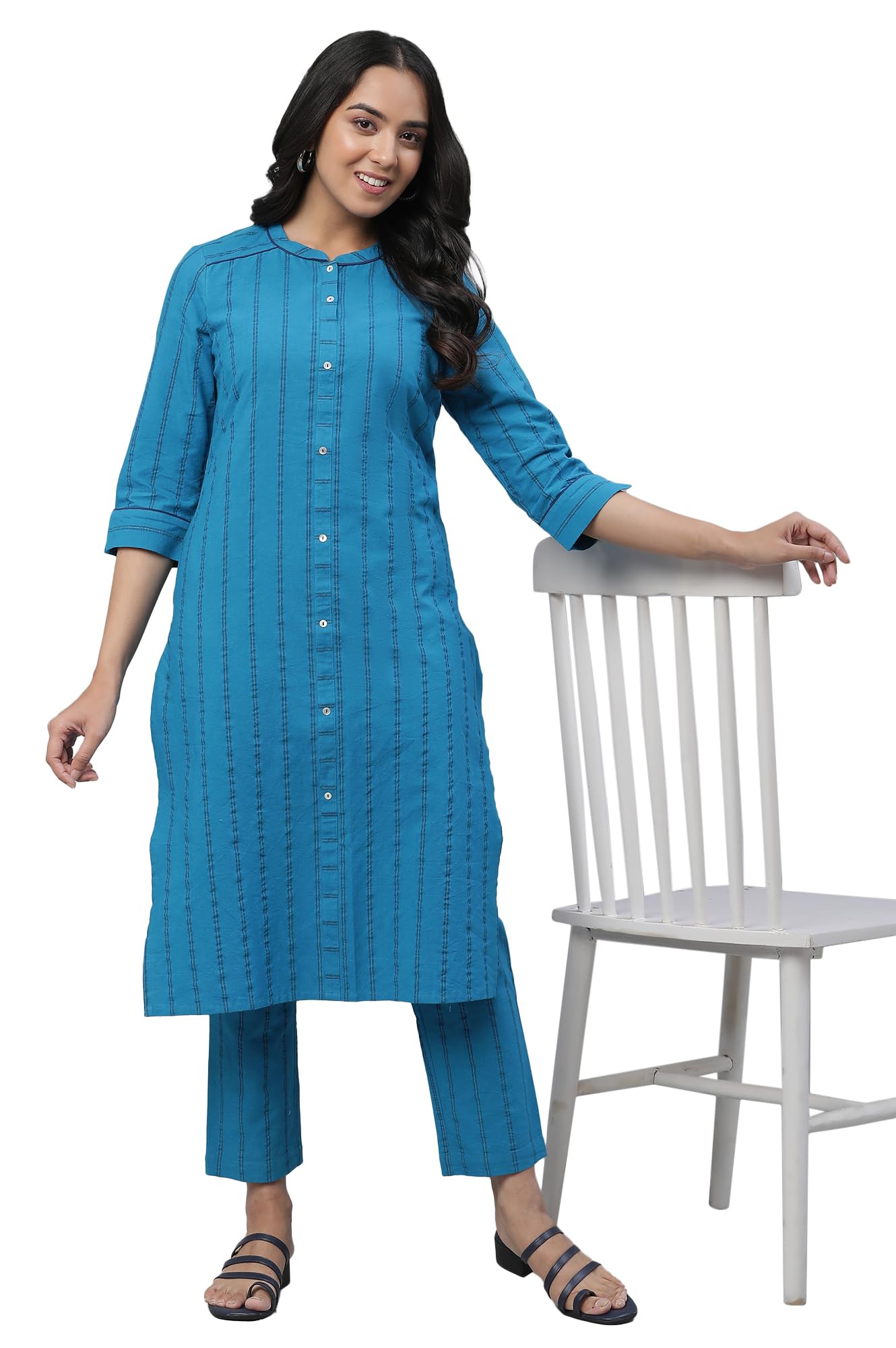 Aurelia WomenS Blue Lurex Stripe Kurta & Trouser Co-Ord Set_23Auas14307-704175_S