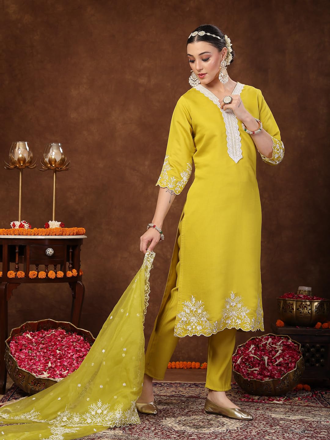 Stylum WomenS Lime Green Solid & Embroidered Silk Straight Kurta Pant Dupatta Set