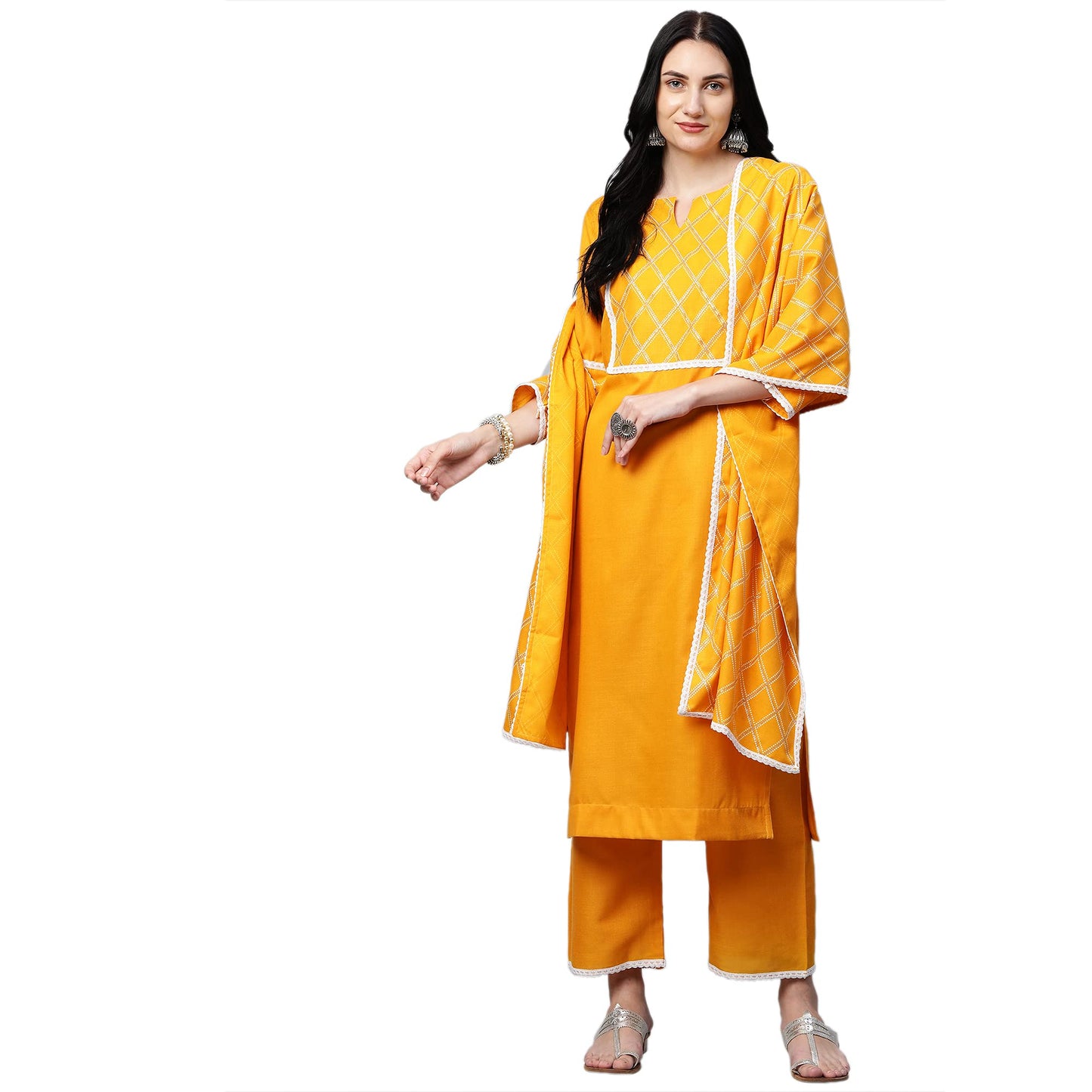 Gosriki WomenS Cotton Kurta With Palazzo & Dupatta (Konica Yellow-Go Xx-Large)