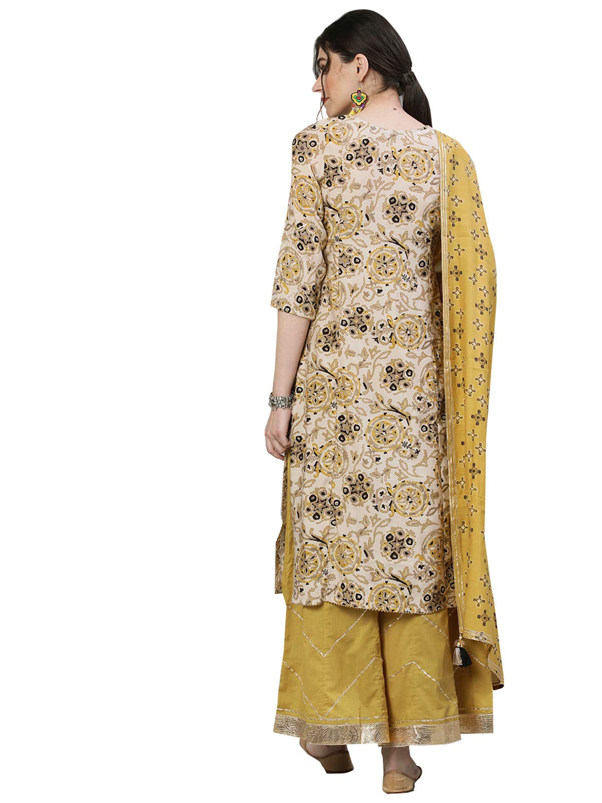 ishin Women's Rayon Off White & Mustard Zari Embellished A-Line Kurta Sharara Dupatta Set
