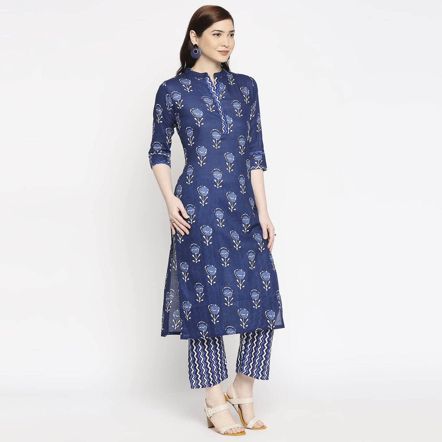 ANNI DESIGNER Women's Cotton Straight Kurta with Pant (Blue Flower_GSK)