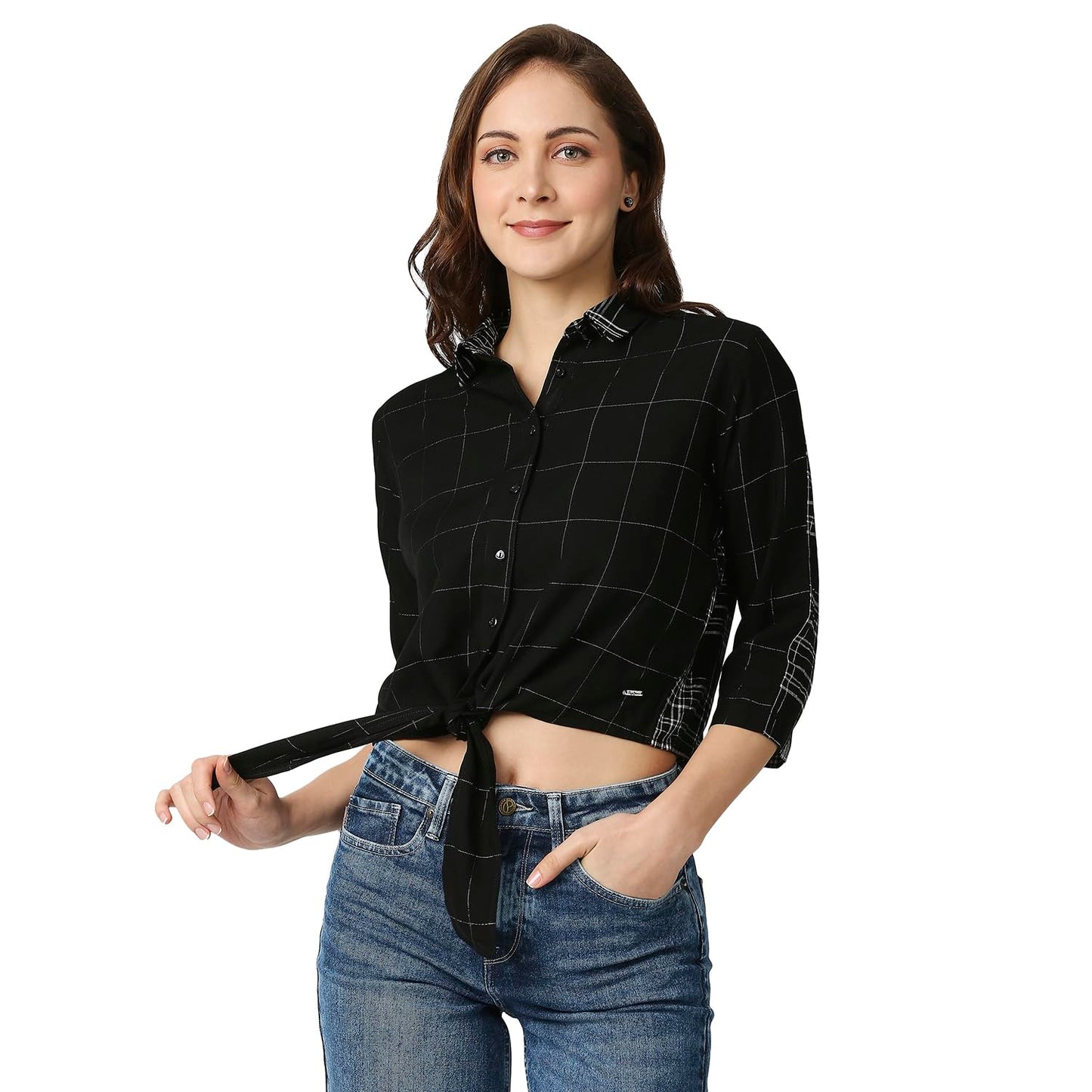Pepe Jeans Color Block Viscose Collar Neck Womens Casual Shirt (Black, Extra Large)